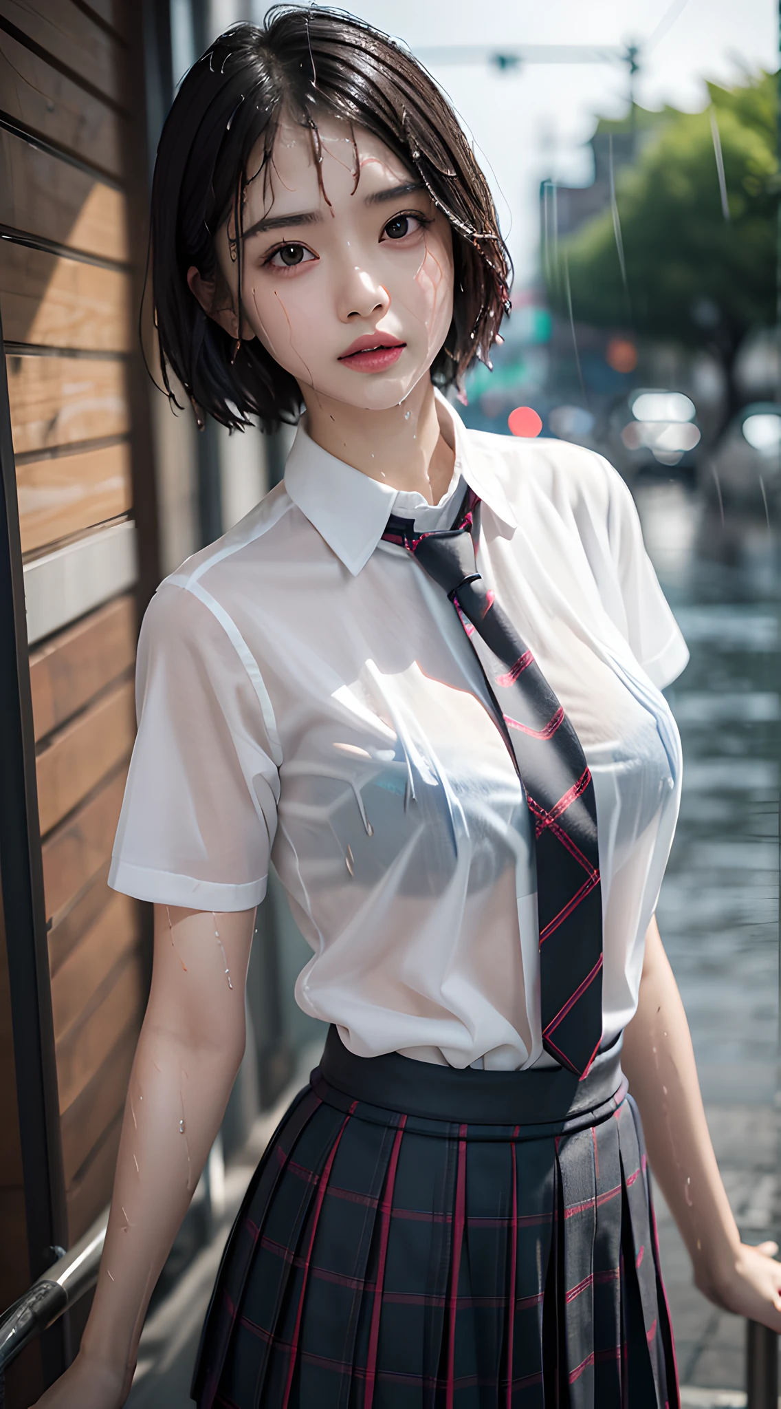 violaceaess, (gardeniass, rosaceaess:0.8), (masterpiece, best quality:1.3), delicate girl, beautiful short hair, close up, school uniform, white dress shirt, short sleeve, dark grey pleated plaid skirt, 8k, 50mm portrait, raw photo, absurdres, breasts focus, large breasts, thin arms, very thin waist, arch back, no makeup, worried, sophisticated, facelight, clear lighting, film grain, chromatic aberration, (dark red necktie:1.2), (rain, wet shirt:1.4), street, bokeh, (simple background:1.2)