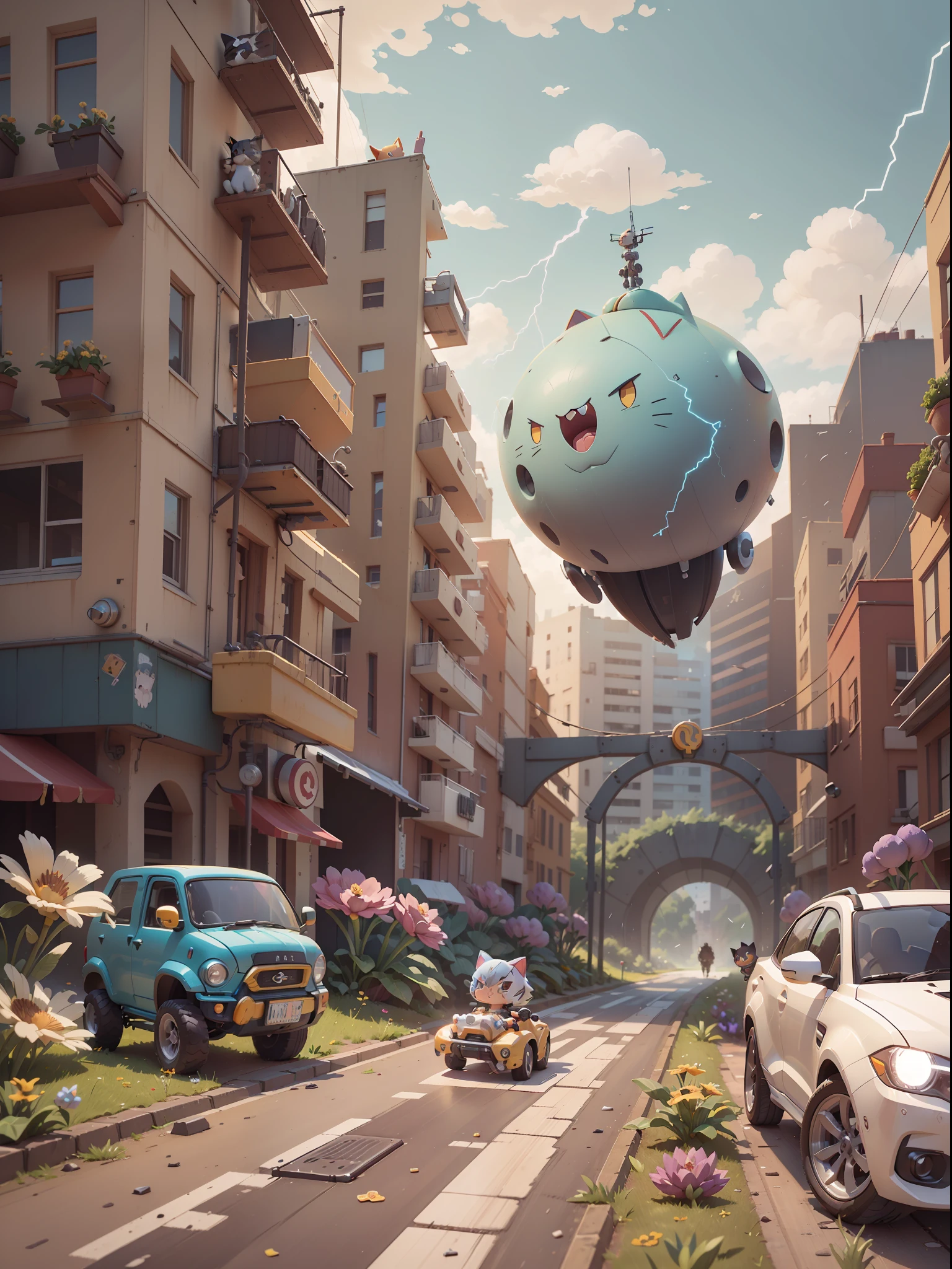 (A mechanical,cat:1.331),(Mechanical cat tail),(Against the background of a sea of flowers),Cute style,Small Man,large head,(Hot Wheels:1.331),a 3D render,((Q version)),Pokémon style,Machine style,Cinematic texture,Figures,Pokémon,cinematiclight,Heavy robotic arm,Mechanical belly,mechanical leg,mechanical leg,Mechanical feel,The background surrounds lightning,lightning flashes,cruelty,Clean white background,raytrace,Premium color,Full body 3D model,Action,Stylish blind box toy。(fill body:1.2),Chibi T-Shi