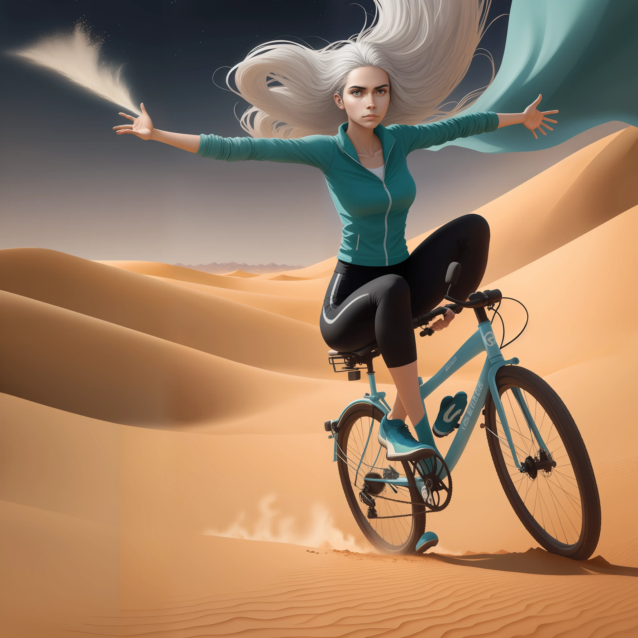 Silver-haired woman riding her bicycle in the desert with her arms outstretched, airbrush digital art, pilotando uma bicicleta moderna, arte conceitual da bicicleta, stylized digital illustration, airbrush digital oil painting, pilotando uma bicicleta, bicicleta, digital airbrush painting, ciclista, arte de fundo, Fantasia do deserto de areia, arte digital detalhada, bicicletas, bela arte digital