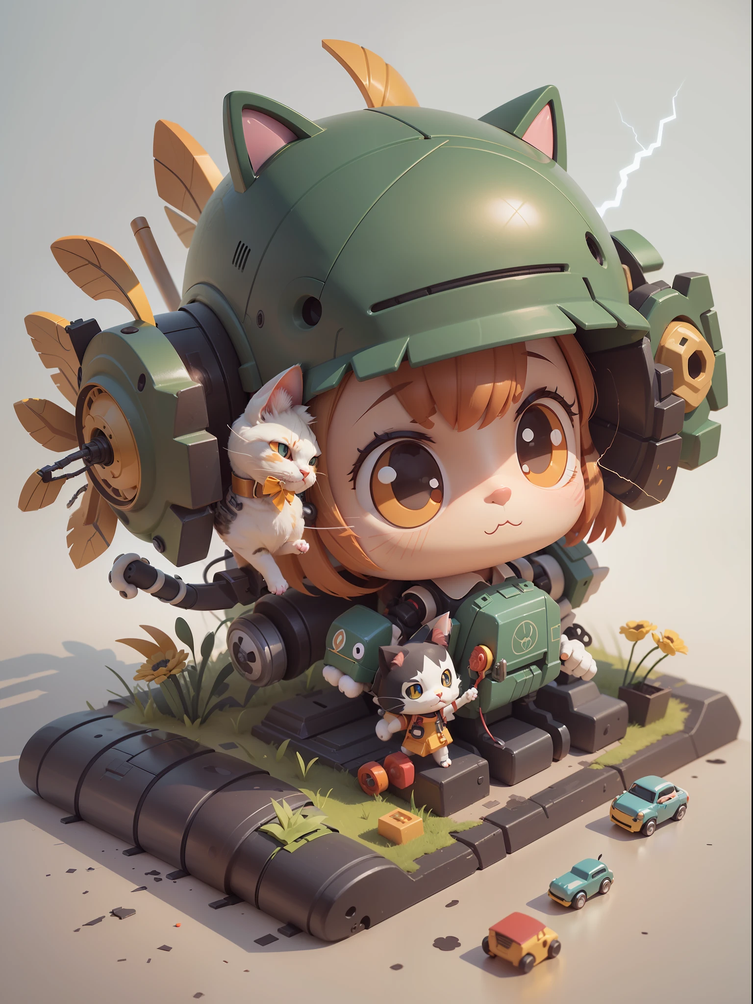 (A mechanical，cat:1.331)，(Mechanical cat tail)，(Against the background of a sea of flowers)，Cute style，Small Man，large head，(Hot Wheels:1.331)，a 3D render，((Q version))，Pokémon style，Machine style，Cinematic texture，Figures，Pokémon，cinematiclight，Heavy robotic arm，Mechanical belly，mechanical leg，mechanical leg，Mechanical feel，The background surrounds lightning，lightning flashes，cruelty，Clean white background，raytrace，Premium color，Full body 3D model，Action，Stylish blind box toy。(fill body:1.2)，Chibi T-Shi