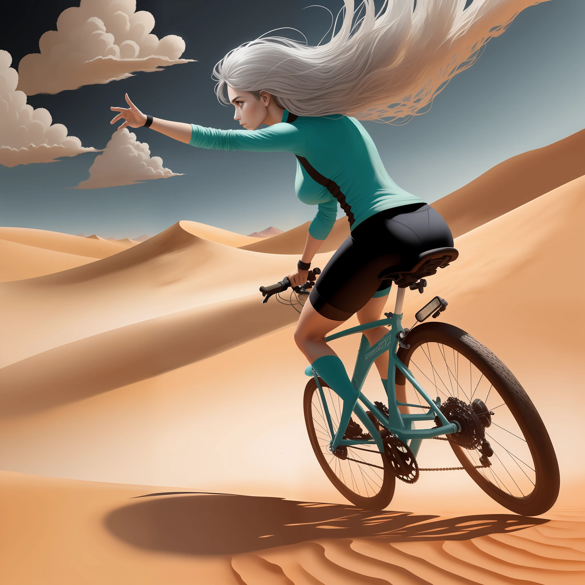 Silver-haired woman riding her bicycle in the desert with her arms outstretched, airbrush digital art, pilotando uma bicicleta moderna, arte conceitual da bicicleta, stylized digital illustration, airbrush digital oil painting, pilotando uma bicicleta, bicicleta, digital airbrush painting, ciclista, arte de fundo, Fantasia do deserto de areia, arte digital detalhada, bicicletas, bela arte digital