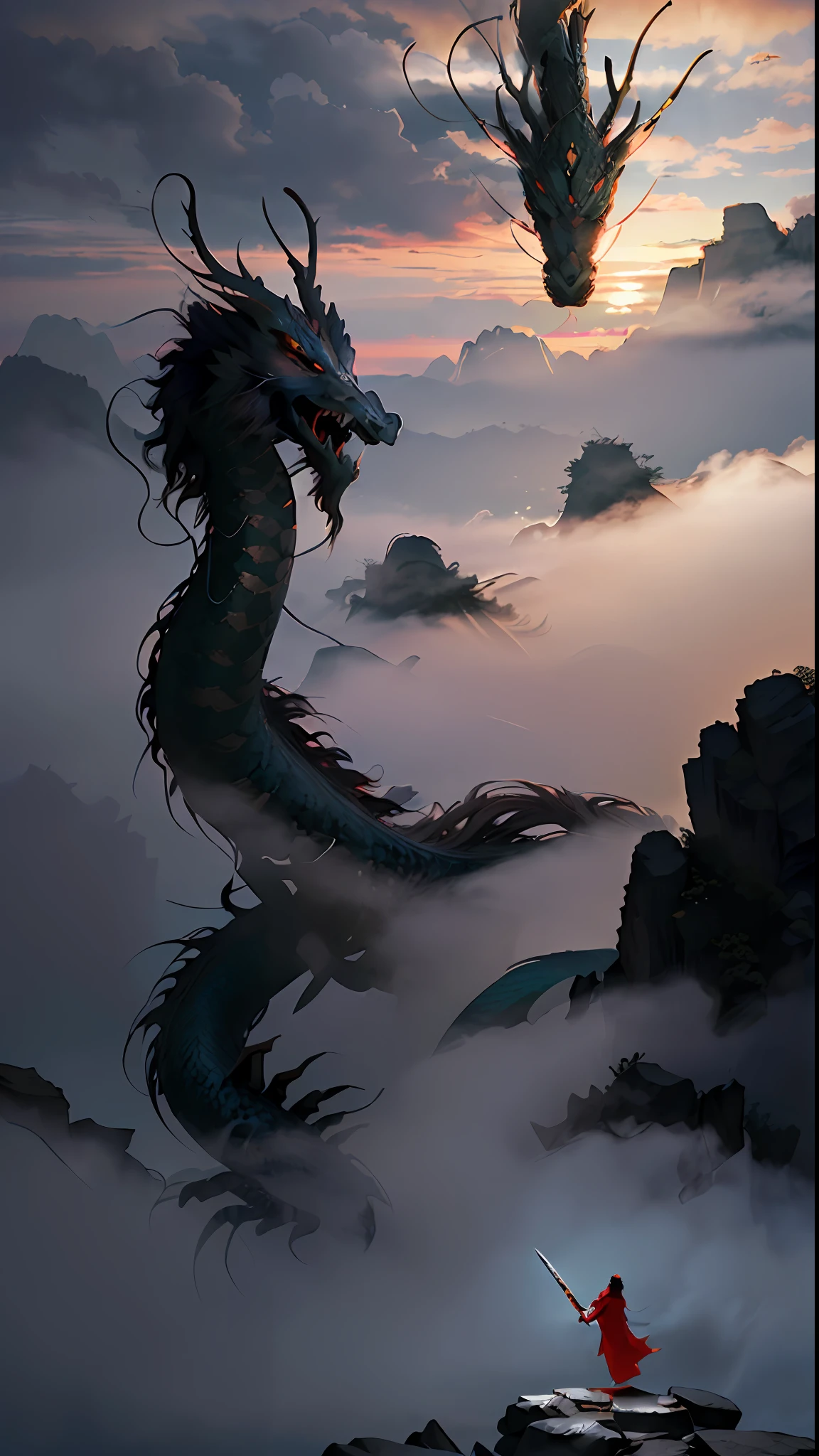 (RAW photo, best quality), (realistic, photo-realistic:1.3), extremely delicate and beautiful, Amazing, finely detail, masterpiece, ultra-detailed, highres,(best illustration), (best shadow),intricate,
A beautiful female Taoist priest stands atop a mist-shrouded mountain peak, her right hand raised diagonally, wielding a long sword,from back,in front of a Chinese loong,(loong:1.4),clouds,storm,mountains,sunset,
sharp focus, volumetric fog, 8k UHD, DSLR, high quality, (film grain:1.4), Fujifilm XT3,