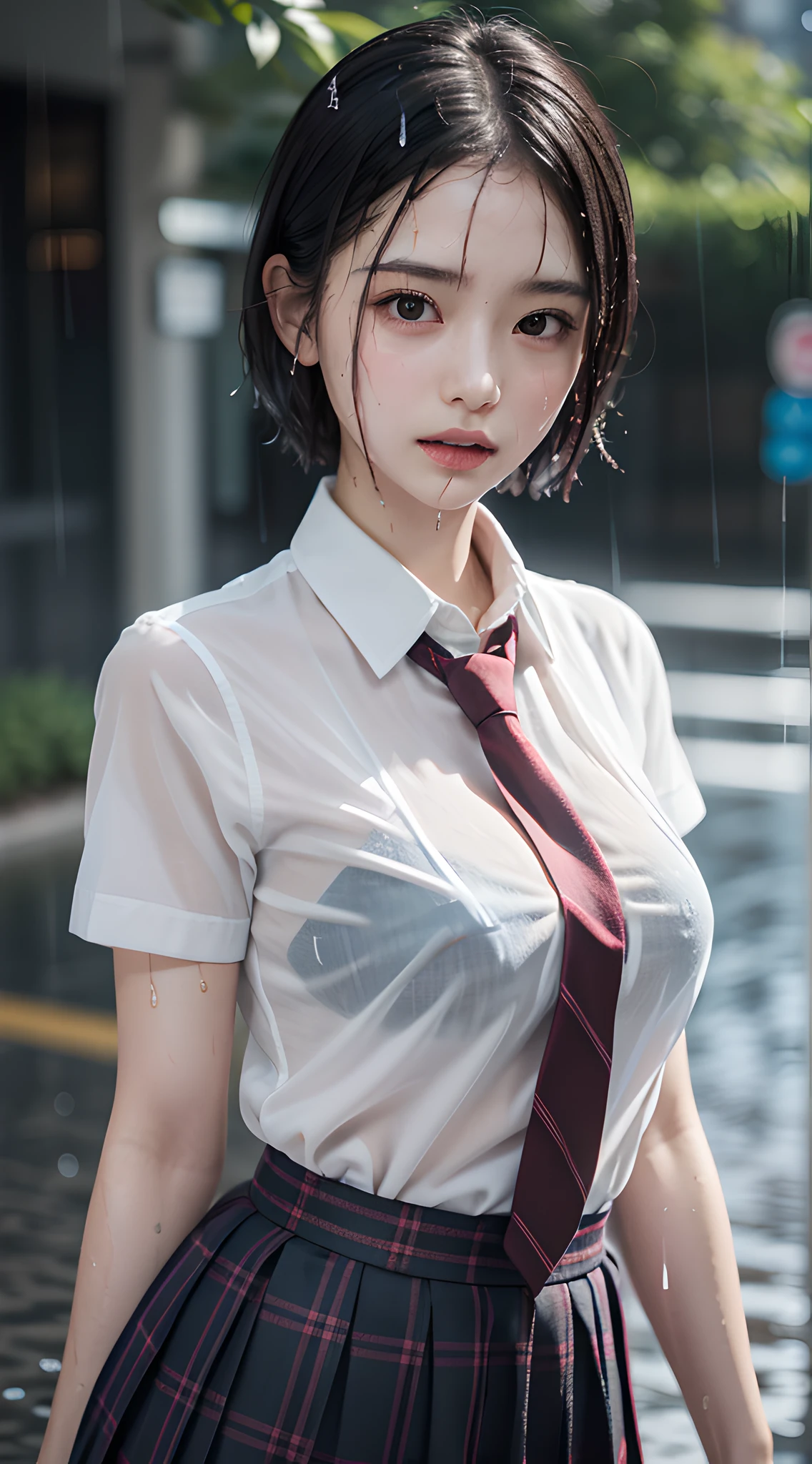 violaceaess, (gardeniass, rosaceaess:0.8), (masterpiece, best quality:1.4), delicate girl, beautiful short hair, close up, school uniform, white dress shirt, short sleeve, dark grey pleated plaid skirt, 8k, 50mm portrait, raw photo, absurdres, breasts focus, large breasts, thin arms, very thin waist, arch back, no makeup, worried, sophisticated, facelight, clear lighting, film grain, chromatic aberration, (dark red necktie:1.2), (rain, wet shirt:1.4), street, bokeh, (simple background:1.2)