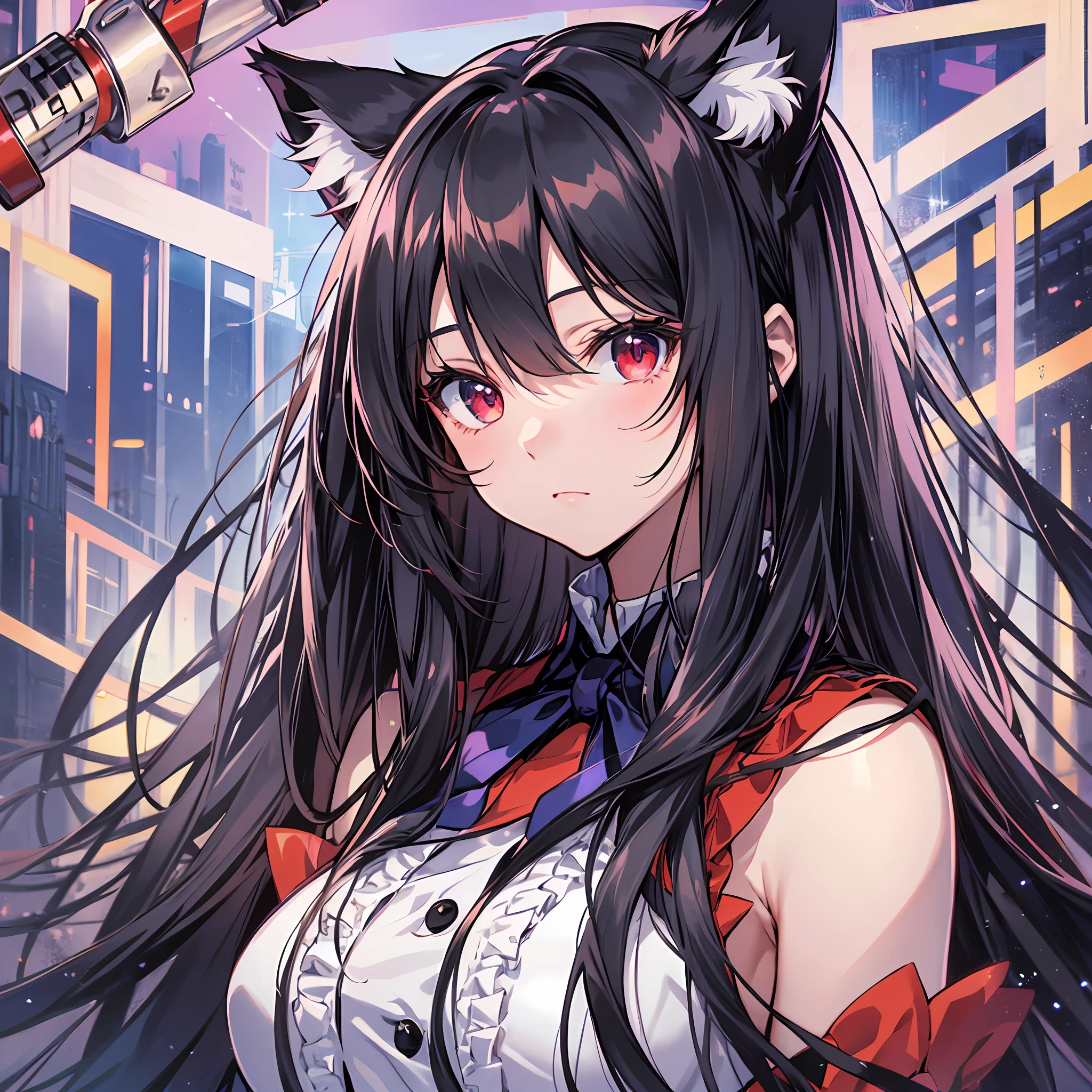 Best quality、8K))One woman　Anime girl with long black hair and cat ears、tohsaka-rin、anime moe art style、Fate/Anime style like Stay Night、long hair anime girl、extremely cute anime girl face、nightcore、From the front line of girls、Portrait of a cute anime girl、Anime girl with cat ears、High quality anime art style、 beautiful anime woman　　Night mood　Red eyes　Night Pool　swimsuiti　ful body