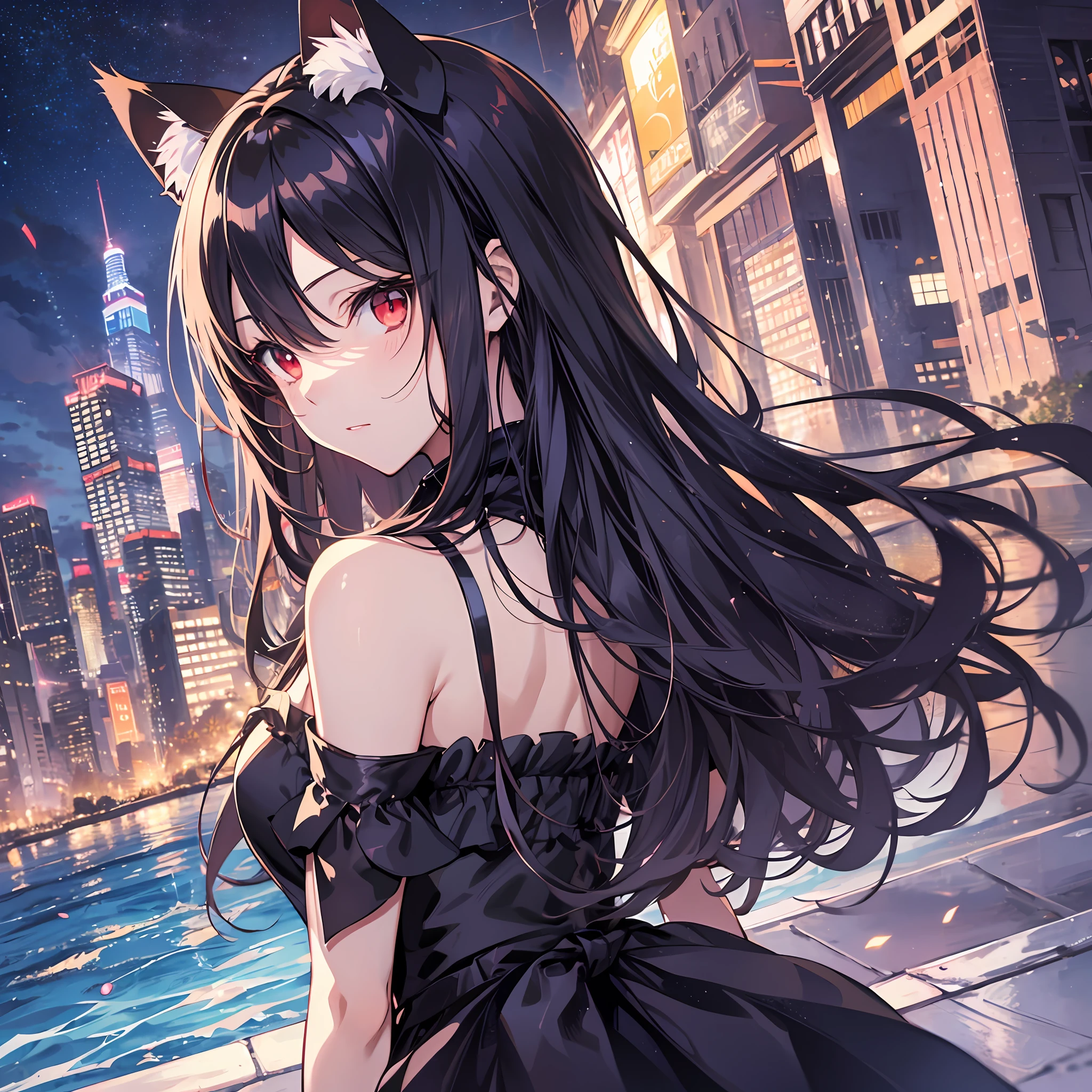 Best quality、8K))One woman　Anime girl with long black hair and cat ears、tohsaka-rin、anime moe art style、Fate/Anime style like Stay Night、long hair anime girl、extremely cute anime girl face、nightcore、From the front line of girls、Portrait of a cute anime girl、Anime girl with cat ears、High quality anime art style、 beautiful anime woman　　Night mood　Red eyes　Night Pool　swimsuiti　ful body