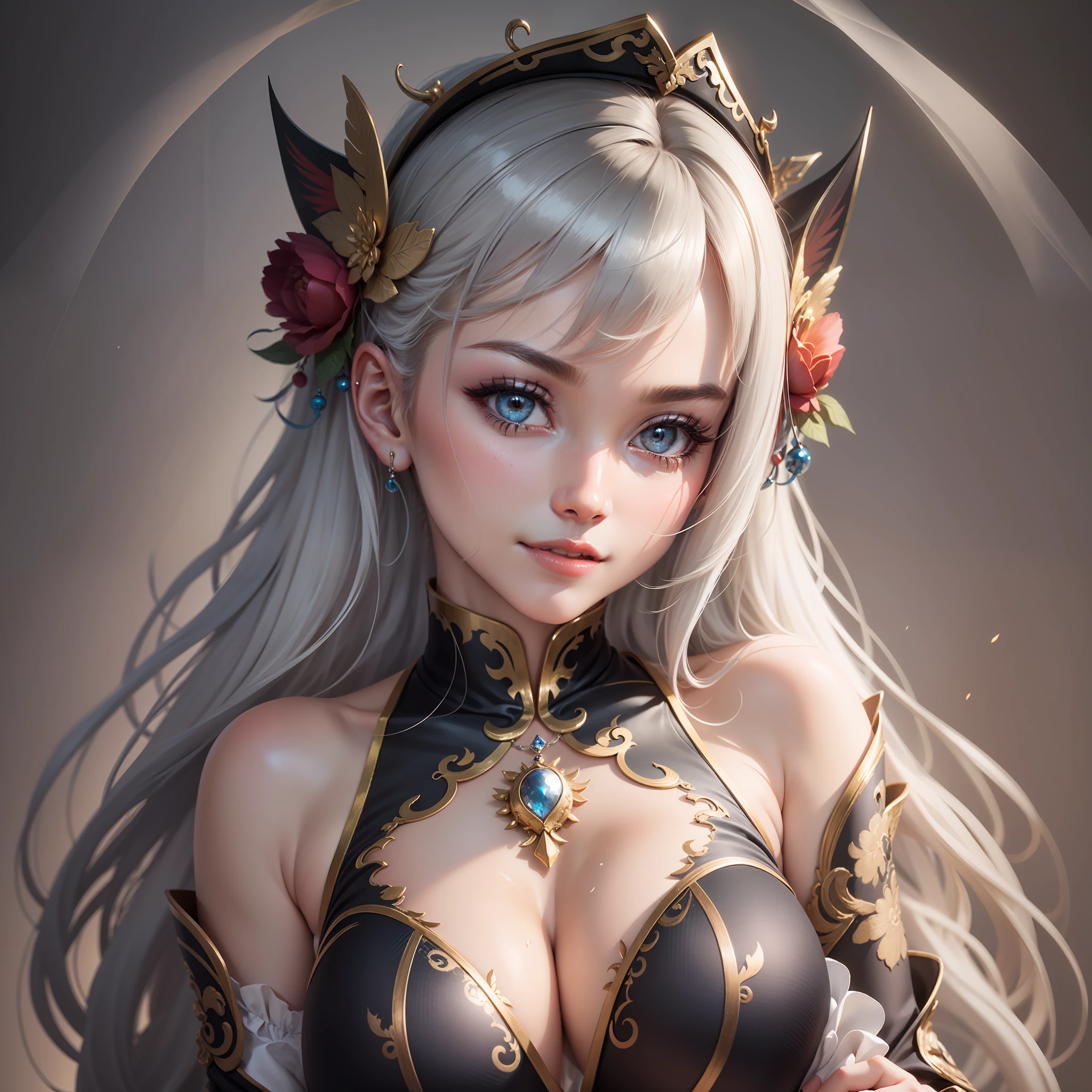 agirl, wearing sexy, Chinese style clothing, European and American women, The hand is five fingers, Hand refinement, The chest is large, Wear less upper body clothes, bandagens, Bare legs, Expose the chest, White skin, The face is delicate, Good facial features, The expression is enchanting, Sultry pose, ((A coquettish expression))、the best quality, nmasterpiece, Character edge light, super highly detail, high qulity, The most beautiful woman in man, Smile with, The face is symmetrical forward and left and right, Ear corner decoration, The long antenna emits light, Beautiful pupils, Light effect, visual data, Silver-gray hair colored, Ultra-detailed facial textures, cheerfulness, Wearing animal hair ornaments on his head, Deep eyes, Girl's sitting position, 8K