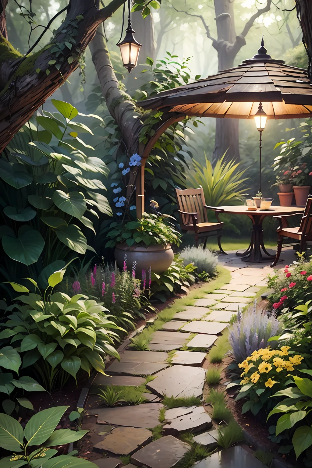 Enter a charming rustic garden, where nature reveals itself in its most genuine form. Irregular stone paths lead to every nook and cranny, revealing surprises at every step. The soft scent of wildflowers lingers in the air, while the lush green of plants envelops the space in its serenity.
In the shade of ancient trees, you will find cozy wooden benches, inviting you to rest and contemplate. Ceramic vases with delicate flowers color the corners, bringing a touch of life and joy to the environment. The soft sound of a water fountain echoes harmoniously, creating a serene and relaxing atmosphere. The birds sing enchanting melodies, bringing the feeling of being immersed in nature itself.
A small pergola covered in vines offers a cozy space to enjoy quiet moments. At night, delicate pendant lights gently illuminate the garden, creating a magical and welcoming atmosphere.
In this rustic garden, time seems to slow down. Each element is carefully arranged to create an enchanting haven where peace, serenity and connection with nature can be found. It's an invitation to get lost in the charms of this green oasis and recharge your energies amidst the simple and adopted beauty of nature. --auto --s2