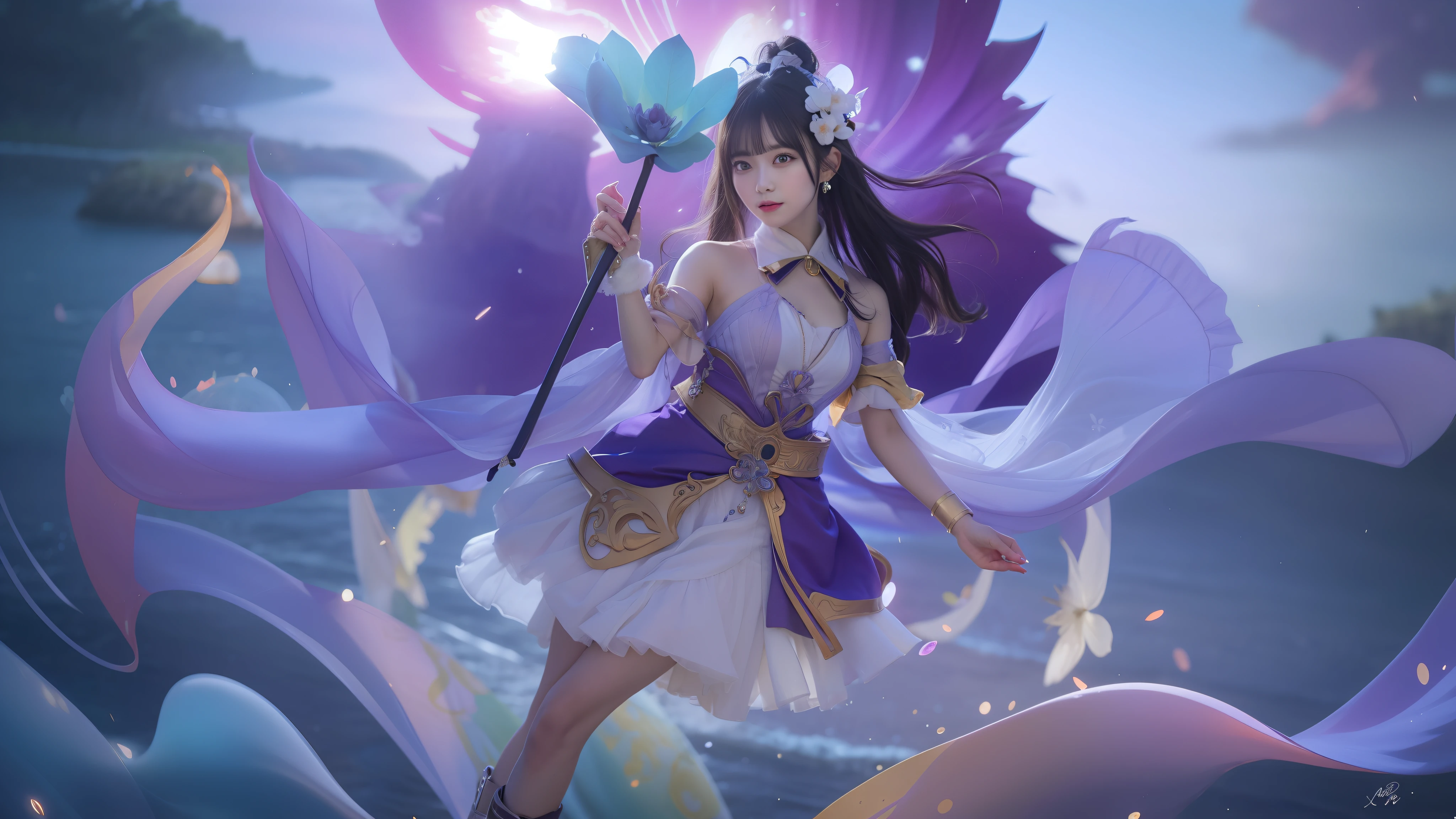 anime girl with a purple dress and a blue hat holding a green flower, queen of the sea mu yanling, by Yang J, heise jinyao, yun ling, onmyoji detailed art, beautiful celestial mage, inspired by Ju Lian, full body xianxia, inspired by Pu Hua, g liulian art style, keqing from genshin impact, kagura from mobile Legends bang bang, 70mm, ultra detail,