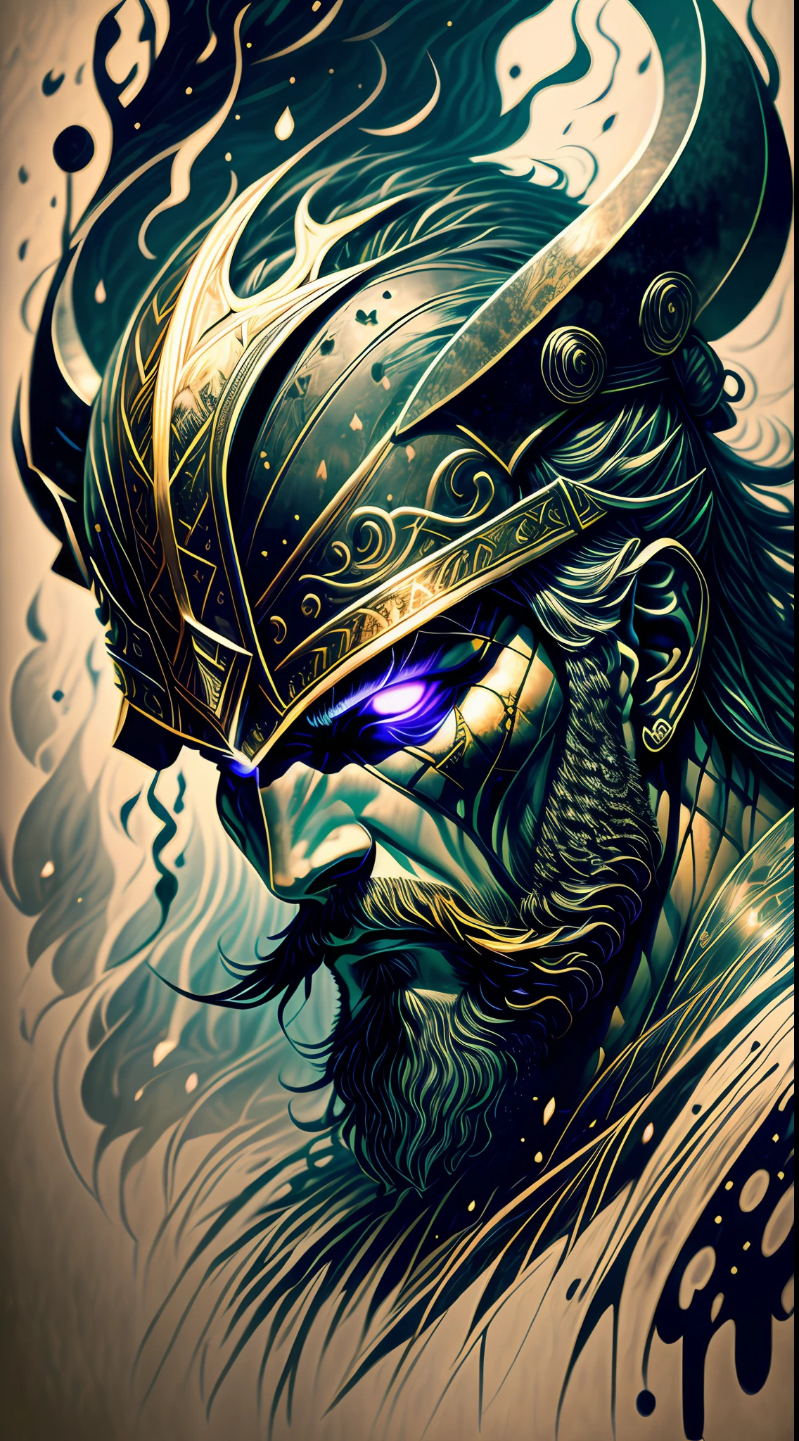 An intense close-up of a Viking warrior with piercing, glowing eyes, surrounded by an inky darkness. His horned helmet gives him an imposing silhouette, while his wild, flowing beard adds a touch of ruggedness. The warrior's face bears an expression of deep anger, a testament to his ferocity in battle. The backdrop is filled with swirling tendrils of inky blackness, reminiscent of ancient mythological forces. The atmosphere is tense, hinting at the mythical powers that surround the warrior. The image combines high detail and an artistic touch, creating a captivating visual experience. Artwork, ink on parchment