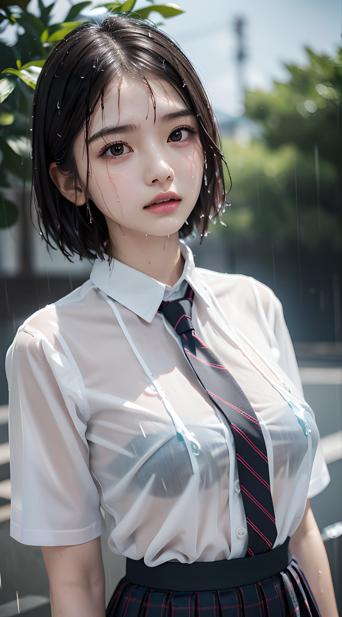 violaceaess, (gardeniass, rosaceaess:0.8), (masterpiece, best quality:1.4), delicate girl, beautiful short hair, close up, school uniform, white dress shirt, short sleeve, dark grey pleated plaid skirt, 8k, 50mm portrait, raw photo, absurdres, breasts focus, large breasts, thin arms, very thin waist, arch back, no makeup, worried, sophisticated, facelight, clear lighting, film grain, chromatic aberration, (dark red necktie:1.2), (rain, wet shirt:1.4), street, bokeh, (simple background:1.2)