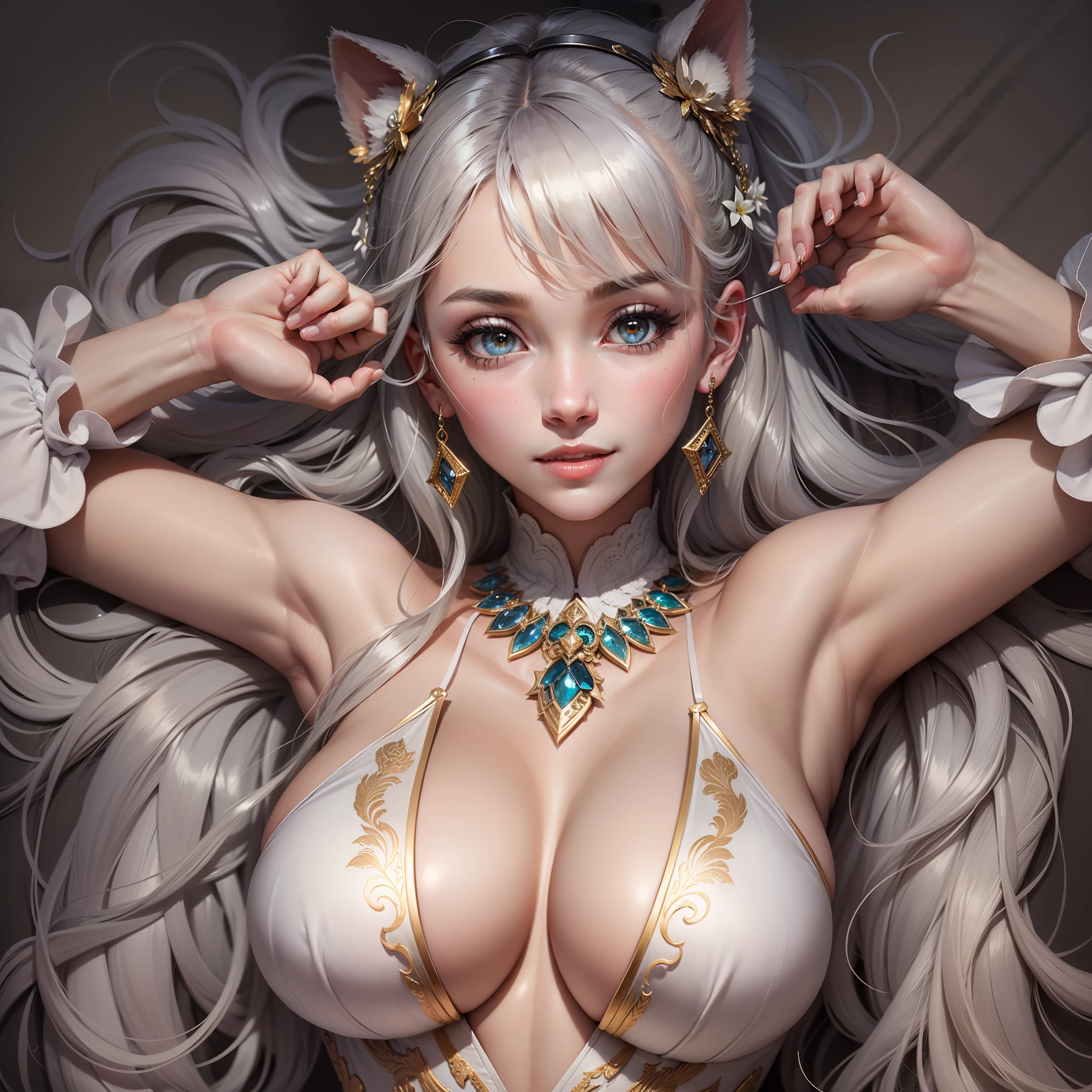 agirl, wearing sexy, European and American women, The hand is five fingers, Hand refinement, The chest is large, Wear less upper body clothes, bandagens,Bare legs, Expose the chest, White skin, The face is delicate, Good facial features, The expression is enchanting, Sultry pose,((A coquettish expression))、the best quality,masterpaintings,8K,Character edge light,super highly detail,high qulity,The most beautiful woman in man,Smile with,The face is symmetrical forward and left and right,Ear corner decoration,The long antenna emits light,Beautiful pupils,Light effect,visual data,Silver-gray hair colored,Ultra-detailed facial textures,cheerfulness,Wearing animal hair ornaments on his head,Deep eyes,(Lying flat position)、