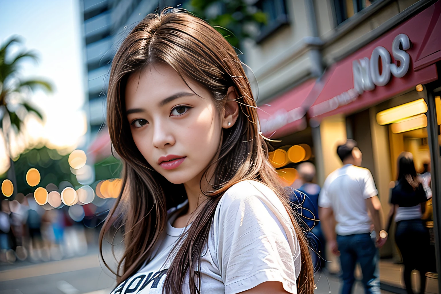 ((Realistic lighting、Best quality、8K、Master masterpiece:1.3))、Clear focus:1.2、 babes、Perfect Body Beauty:1.4、Slim abs:1.1、Whole human body((dark brown hair、a large breast:1.3))、(Acceleration:1.4)、(plein-air、Night:1.1)、Waikiki beach、firework、Palm Tree、slender face、Fine eyes、双眼皮、fashion model pose、Floating hair、tshirts、jeans、Pendants、Plumeria