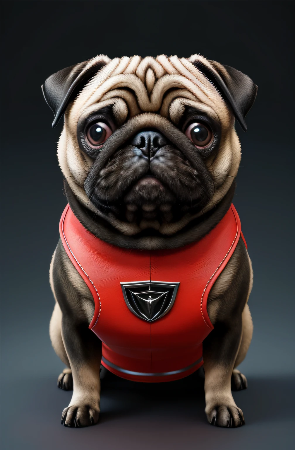 um pug feito de (cavaleiro ajoelhado), retrato, armadura finamente detalhada, design intrincado, preta com vermelho, seda, cinematiclighting, 4k, fim do mundo.