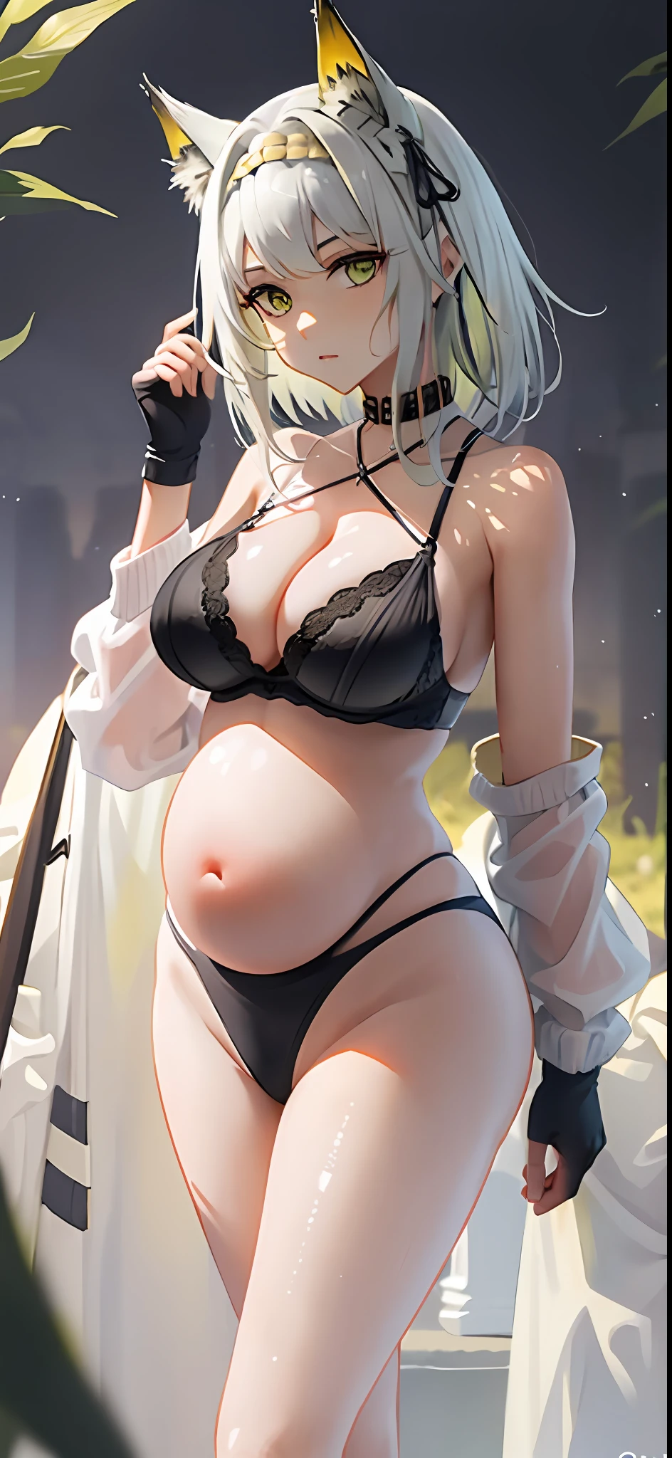 masterpaintings, the best quality, PrinzV4, 1girl huge large breasts, 独奏, length hair, cleavage of the breast, looking at the spectator, Large big tits,Large breasts, mitts, Belly button, Hold, White liquid, Yellow eyes, White hair, red hair, O cabelo multicolorido, Open your clothes, Black gloves, Open bra, Official alternative costumes, Striped hair, latte, hand on hips, underboobs, head piece, Banner, White panties, Queen of the game, Hold the flag,pregnant women with,shot on the body,cum on the stomach,The white liquid is drizzled all over the body