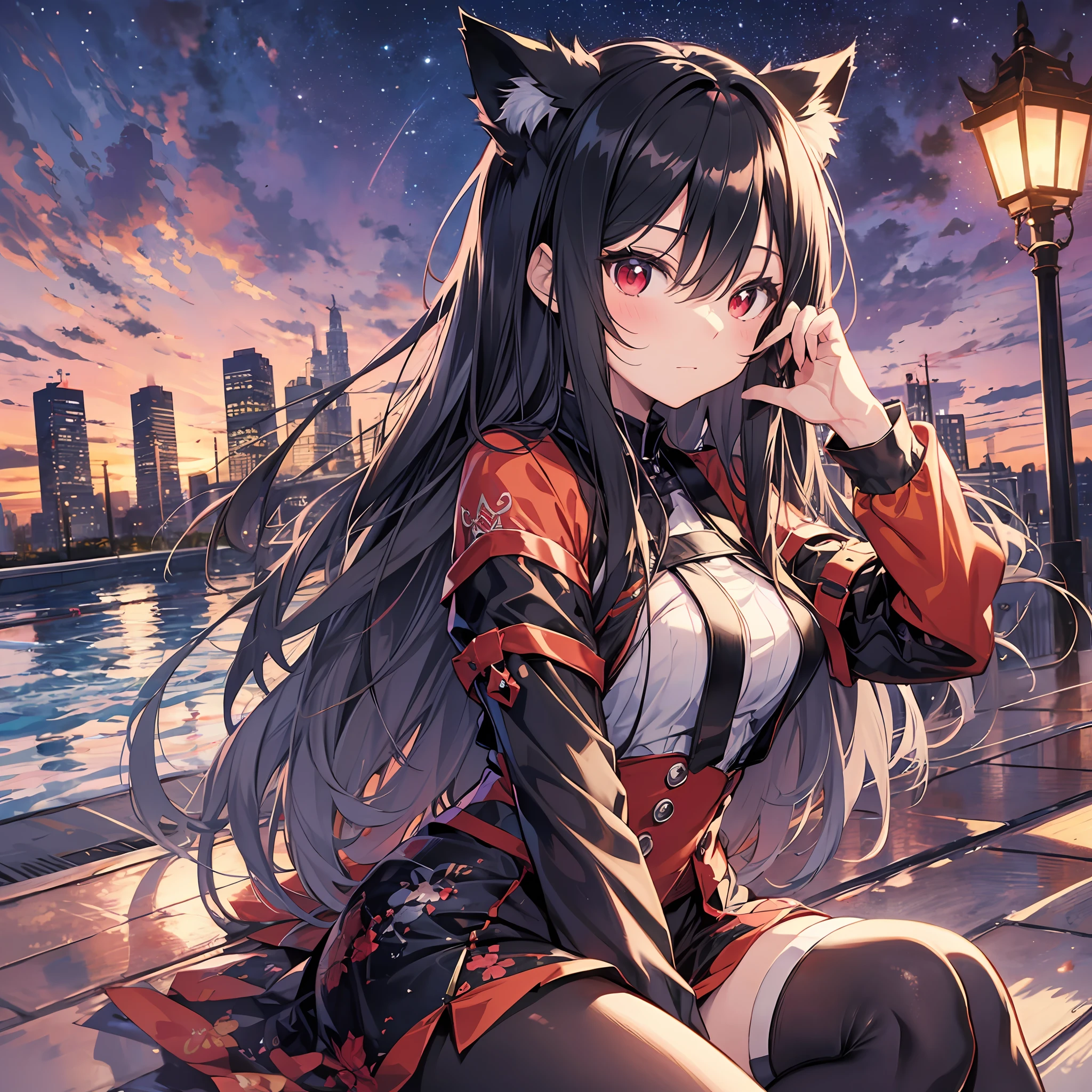 Best quality、8K))One woman Anime girl with long black hair and cat ears、tohsaka-rin、anime moe art style、Fate/Anime style like Stay Night、long hair anime girl、extremely cute anime girl face、nightcore、From the front line of girls、Portrait of a cute anime girl、Anime girl with cat ears、High quality anime art style、 beautiful anime woman Night mood Red eyes Night Pool swimsuiti ful body