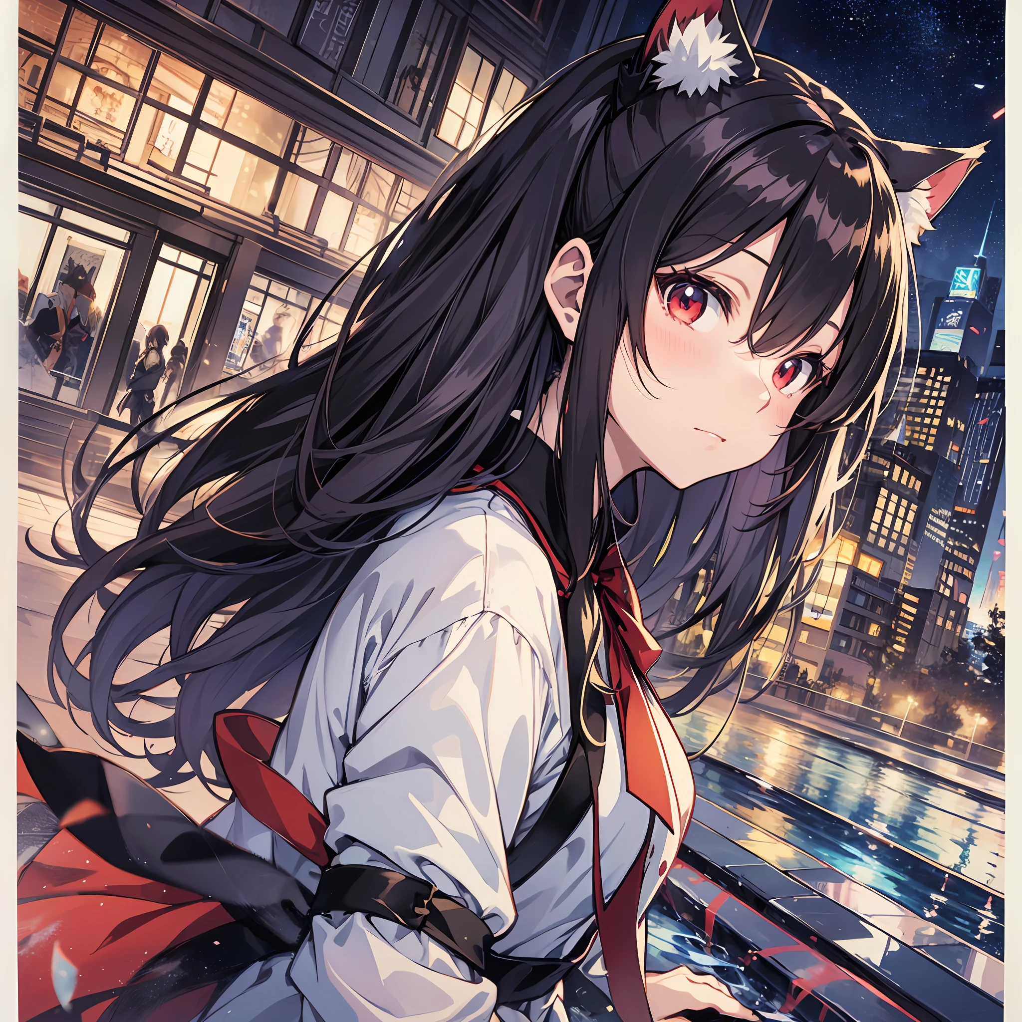 Best quality、8K))One woman Anime girl with long black hair and cat ears、tohsaka-rin、anime moe art style、Fate/Anime style like Stay Night、long hair anime girl、extremely cute anime girl face、nightcore、From the front line of girls、Portrait of a cute anime girl、Anime girl with cat ears、High quality anime art style、 beautiful anime woman Night mood Red eyes Night Pool swimsuiti ful body