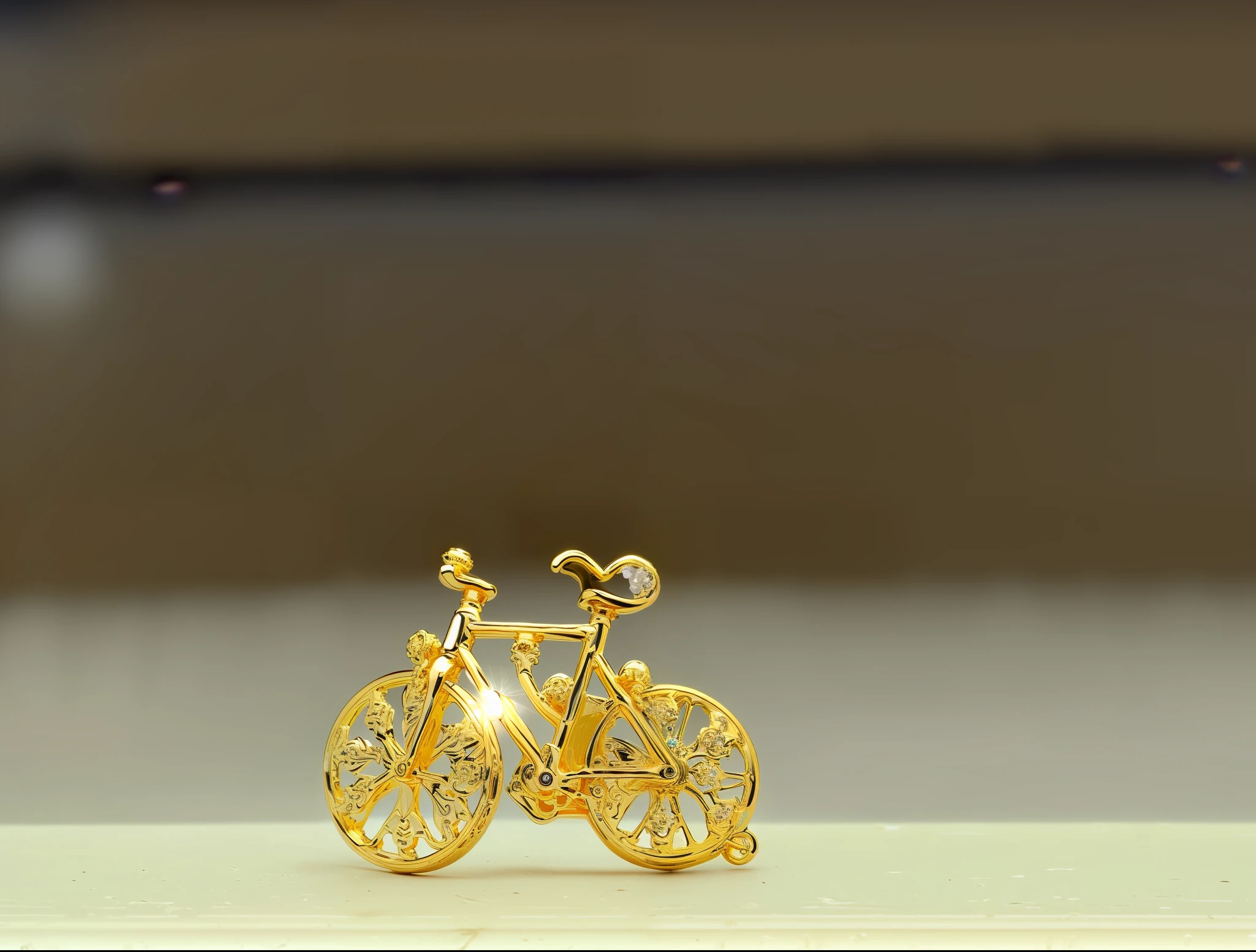 there is a gold plated bicycle charm with a diamond wheel, banhado a ouro, ouro dourado e diamantes, micro detalhado, pequenos detalhes, brinco de ouro, bicicleta, micro detalhe, 1/320, pequenos brincos cravejados, um brinco, ultra detalhado 16k, bicicleta no fundo, !!Beautiful!!, com pedras preciosas cintilantes no topo, fechar para cima, Detalhe perfeito
