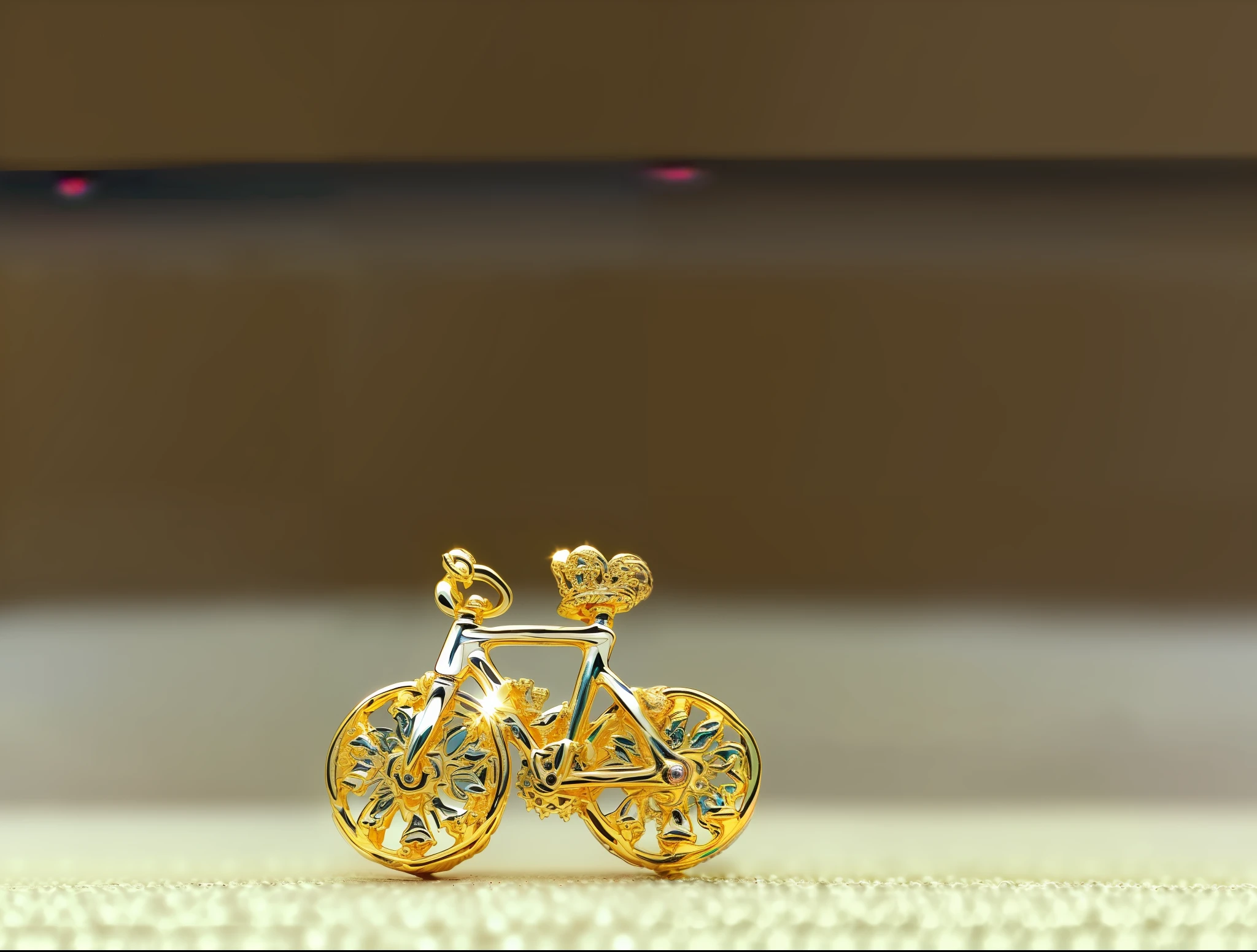 there is a gold plated bicycle charm with a diamond wheel, banhado a ouro, ouro dourado e diamantes, micro detalhado, pequenos detalhes, brinco de ouro, bicicleta, micro detalhe, 1/320, pequenos brincos cravejados, um brinco, ultra detalhado 16k, bicicleta no fundo, !!Beautiful!!, com pedras preciosas cintilantes no topo, fechar para cima, Detalhe perfeito