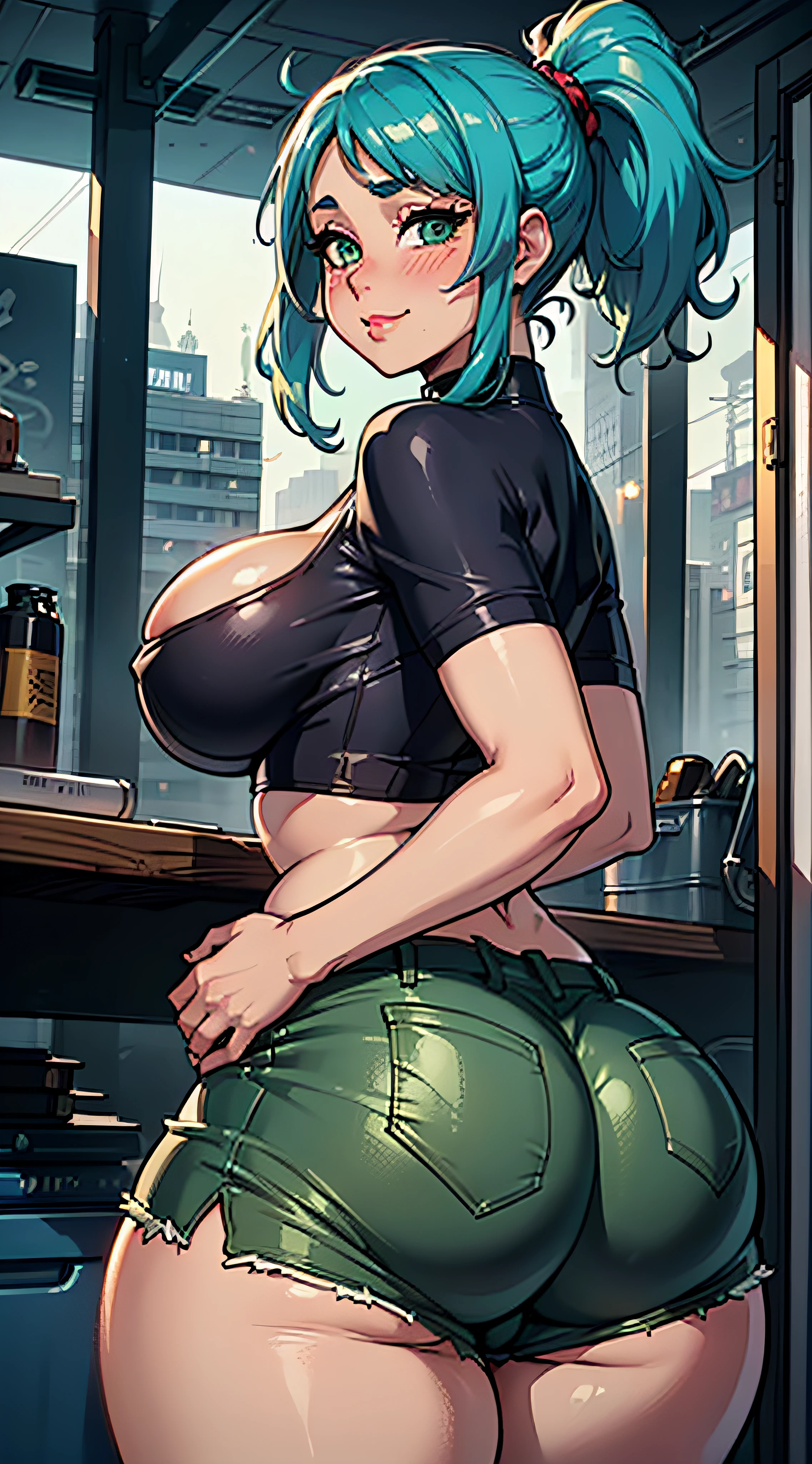 (((kipteitei art))), Masterpiece, high quality, best quality, beautiful, HD, perfect lighting, detailed face, ultra cute face, detailed body, ((1girl)), ((solo)), blue hair, medium hair, messy hair, ponytail, green eyes, looking at viewer, confidant smile, ((blush)) large breasts, cleavage, covering, perky breasts, ((massive hips)), (((thick thighs))), (((thicc))), ((((she has a fat ass)))), ((fat ass)), ((((ass grab)))), (she has a jiggly fat belly), (((chubby))), ((chubby belly)), ((((fat folds)))), belly hang, crop top, shorts, ((undersized shorts)), far future, cyberpunk, neon lights, in public, facing to the side, dynamic angle,
