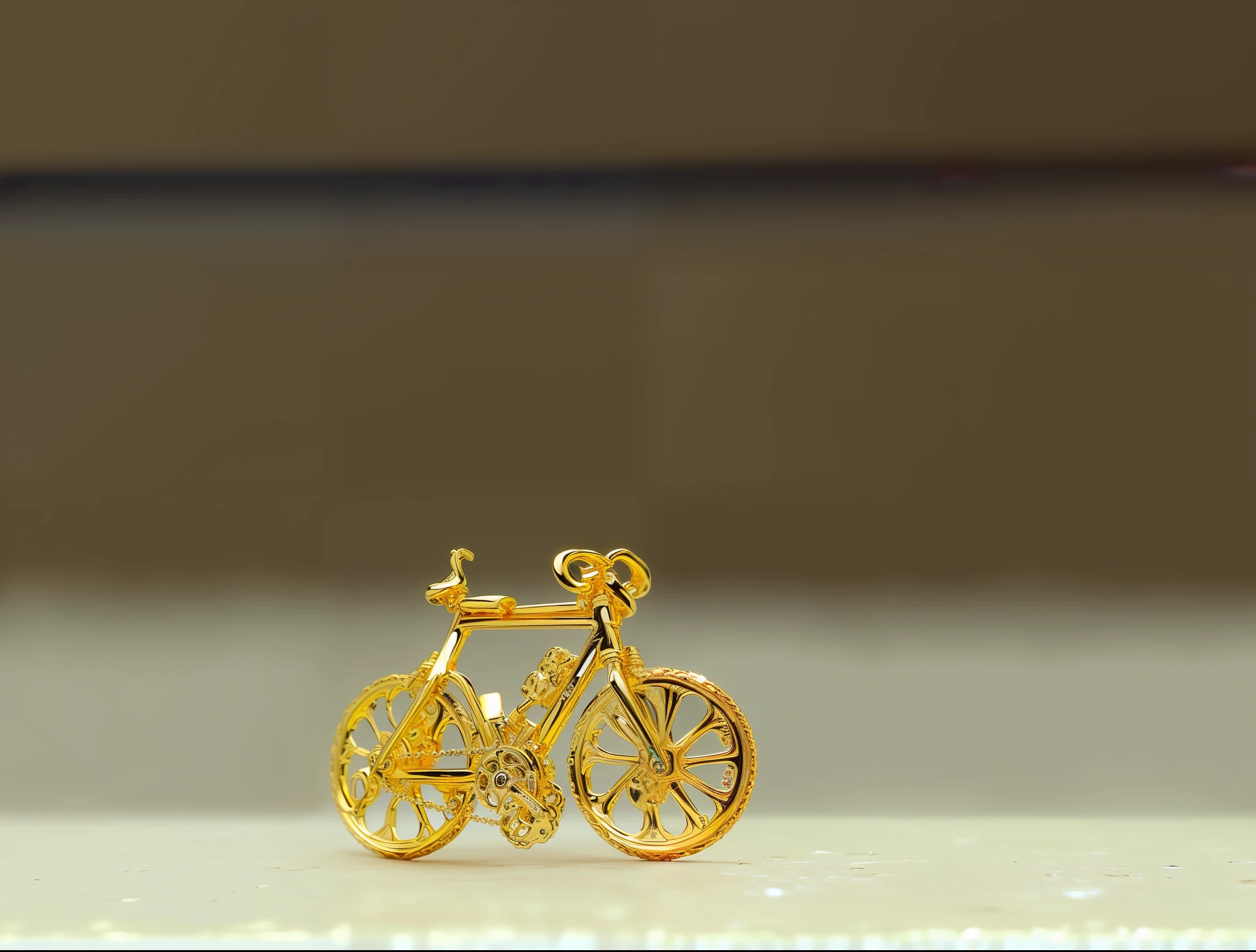 there is a gold plated bicycle charm with a diamond wheel, banhado a ouro, ouro dourado e diamantes, micro detalhado, pequenos detalhes, brinco de ouro, bicicleta, micro detalhe, 1/320, pequenos brincos cravejados, um brinco, ultra detalhado 16k, bicicleta no fundo, !!Beautiful!!, com pedras preciosas cintilantes no topo, fechar para cima, Detalhe perfeito
