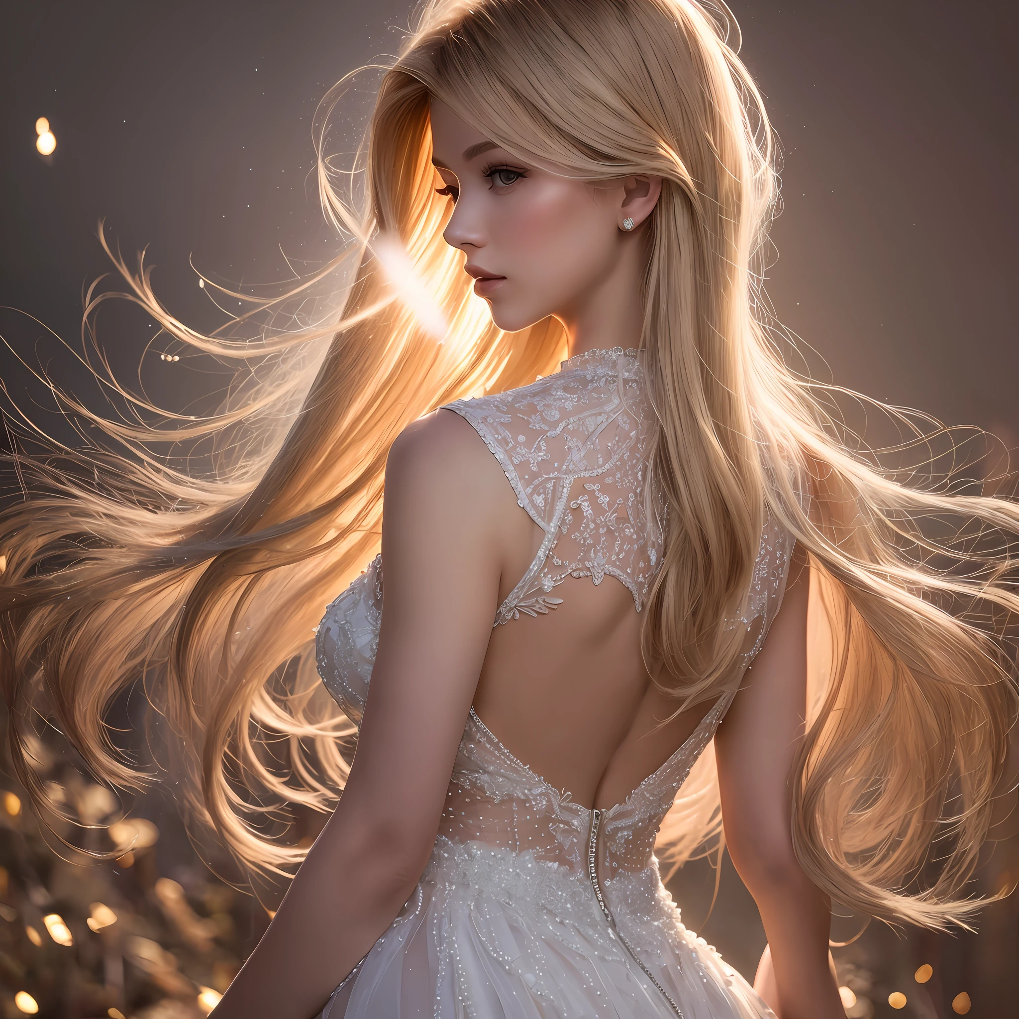 A blonde girl in a dress of pearls, her hair cascading down her back, a halo of light around her head, and a transparent fabric dress that shimmers in the light.