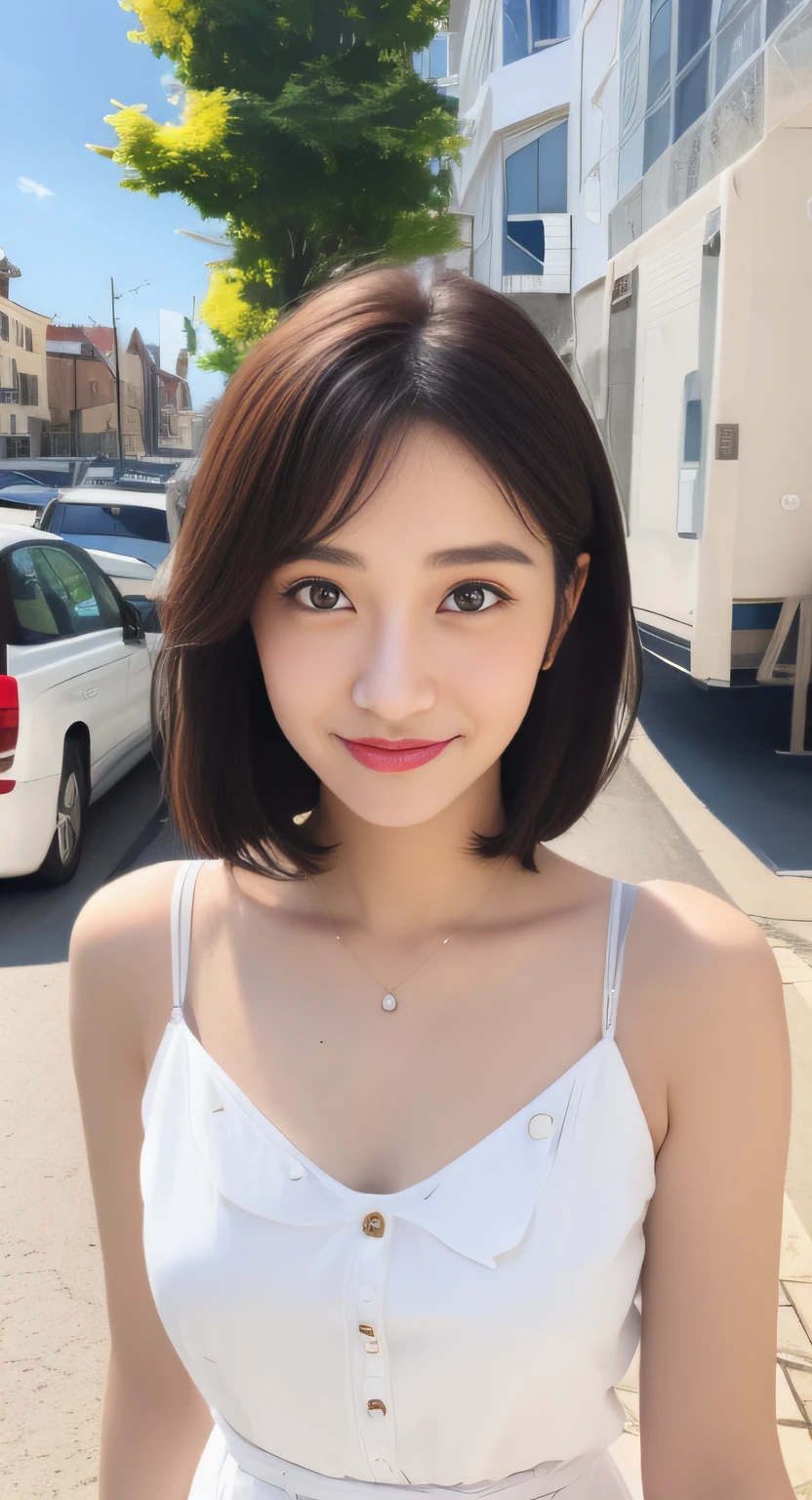 I'm smiling、White clothes、A blue sky