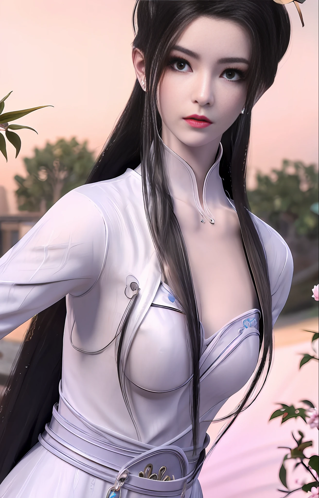 1girl, (upon body:1.3), hair ornament, necklace, jewelry, long hair, earrings, highres, hair ribbon,(Beautiful face:1.2),detailed beautiful eyes, skinny body,shiny skin,Slim waist,(8k_wallpaper), Intricate and refined delicate details,Chinese clothes,toned abs,detached sleeves,playboy bunny, flowers, bushes, roses, rose, pink,