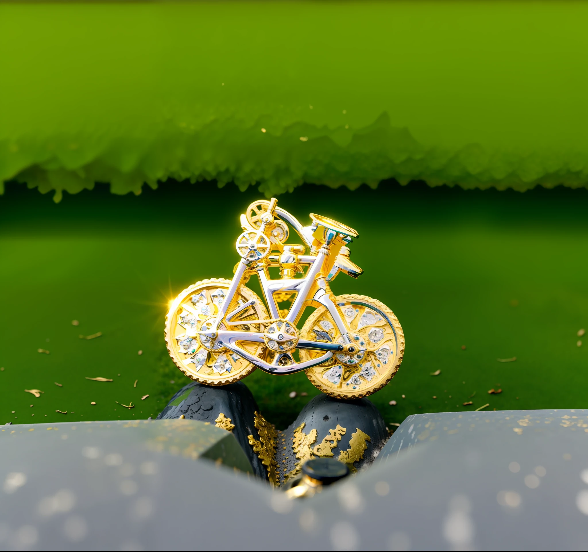 there is a gold bike with a diamond center on a green surface, brinco de ouro, micro detalhe, ouro dourado e diamantes, micro detalhado, banhado a ouro, pequenos brincos cravejados, 1/320, pequenos detalhes, um brinco, tiro de close-up, bicicleta, fechar para cima, fechar para cima alto detalhado, vista de close-up, ultra detalhado 16k, brinco