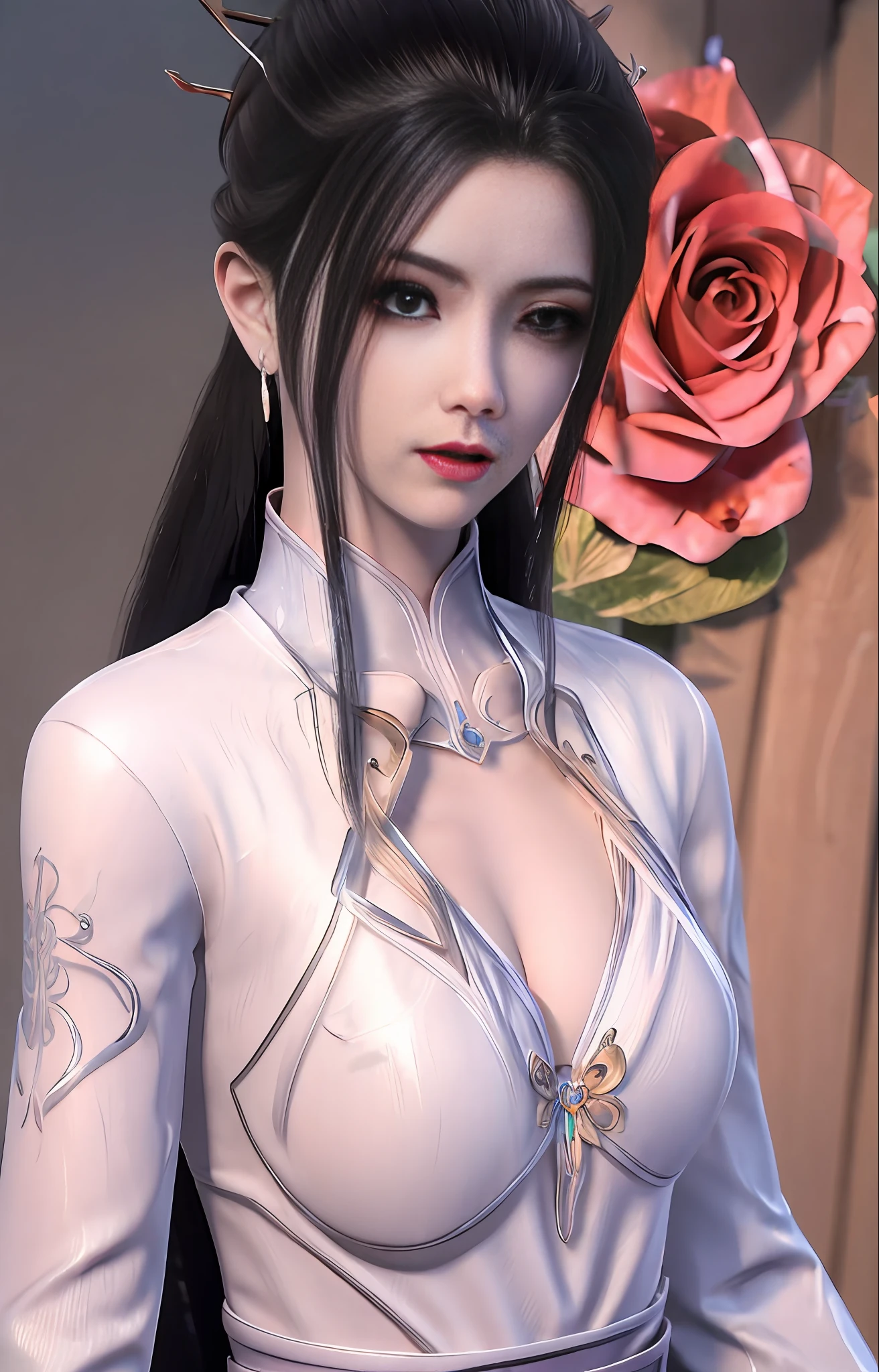 1girl, (upon body:1.3), hair ornament, necklace, jewelry, long hair, earrings, highres, hair ribbon,(Beautiful face:1.2),detailed beautiful eyes, skinny body,shiny skin,Slim waist,(8k_wallpaper), Intricate and refined delicate details,Chinese clothes,toned abs,detached sleeves,playboy bunny, flowers, bushes, roses, rose, pink,