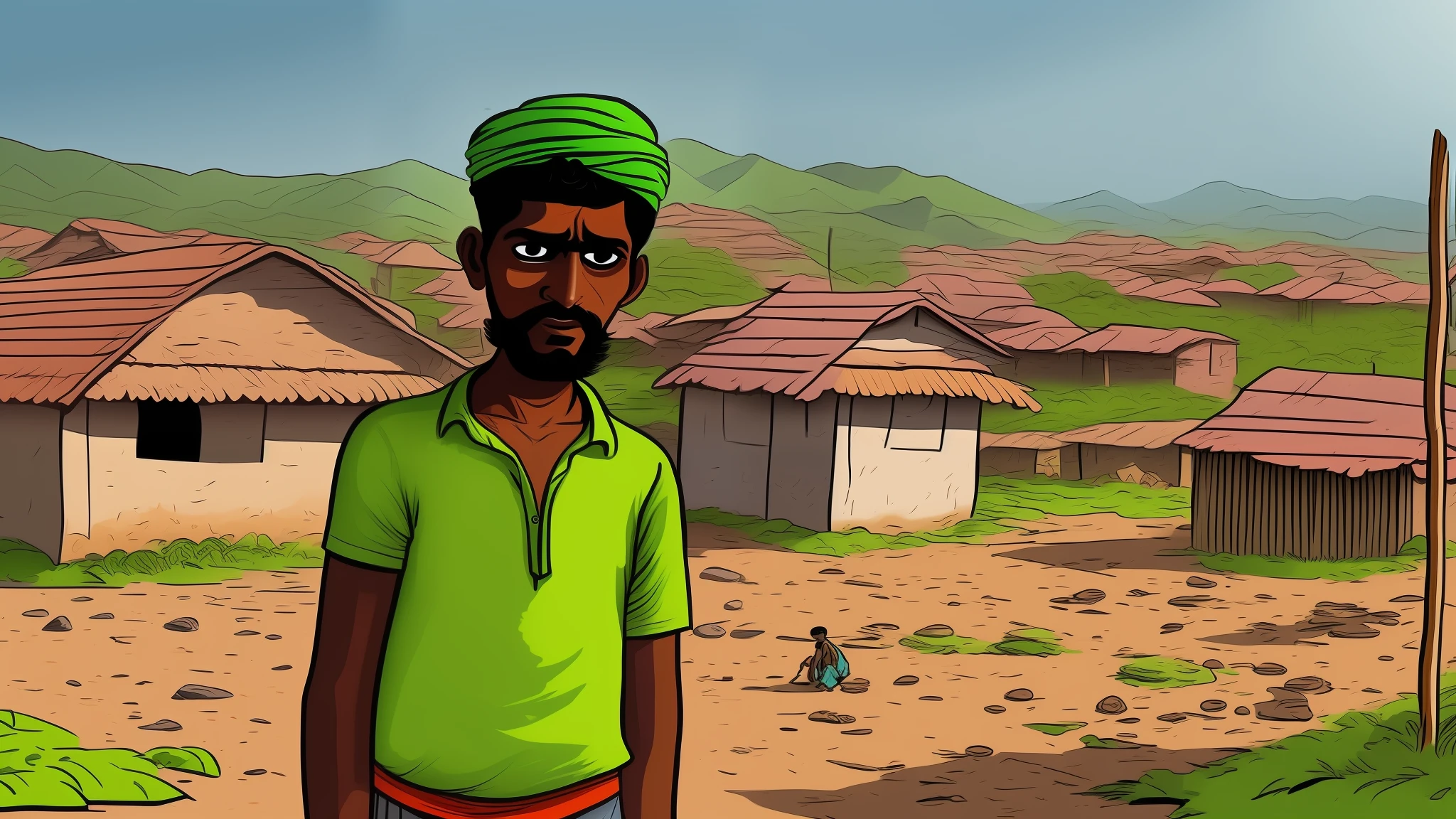 A poor indian young man in village in cartoon