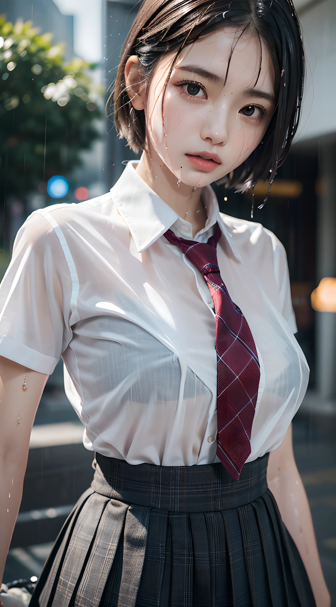 violaceaess, (gardeniass, rosaceaess:0.8), (masterpiece, best quality:1.3), delicate girl, beautiful short hair, close up, school uniform, white dress shirt, short sleeve, dark grey pleated plaid skirt, 8k, 50mm portrait, raw photo, absurdres, breasts focus, large breasts, thin arms, very thin waist, arch back, no makeup, worried, sophisticated, facelight, clear lighting, film grain, chromatic aberration, (dark red necktie:1.2), (rain, wet shirt:1.4), street, bokeh, (simple background:1.2)