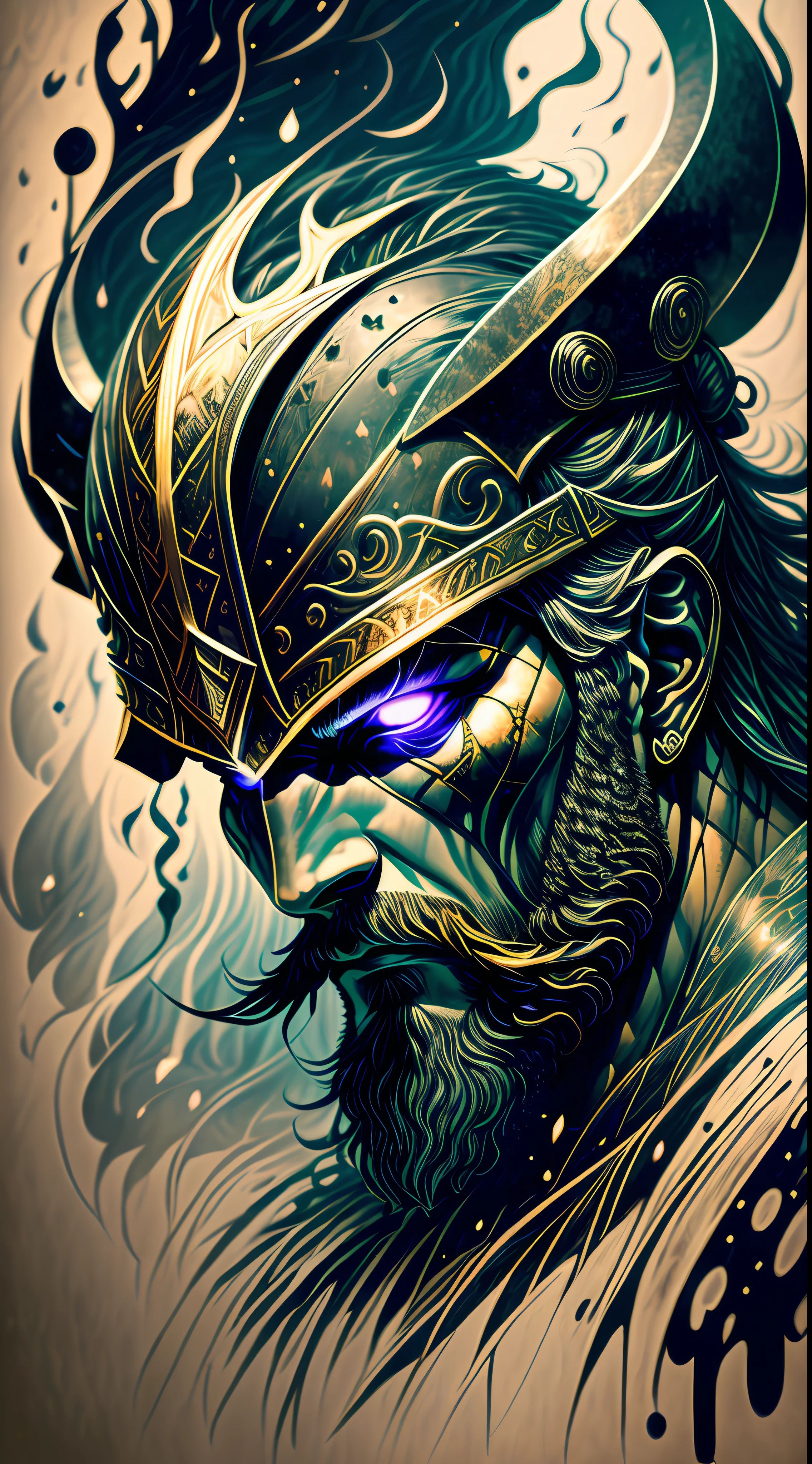An intense close-up of a Viking warrior with piercing, glowing eyes, surrounded by an inky darkness. His horned helmet gives him an imposing silhouette, while his wild, flowing beard adds a touch of ruggedness. The warrior's face bears an expression of deep anger, a testament to his ferocity in battle. The backdrop is filled with swirling tendrils of inky blackness, reminiscent of ancient mythological forces. The atmosphere is tense, hinting at the mythical powers that surround the warrior. The image combines high detail and an artistic touch, creating a captivating visual experience. Artwork, ink on parchment