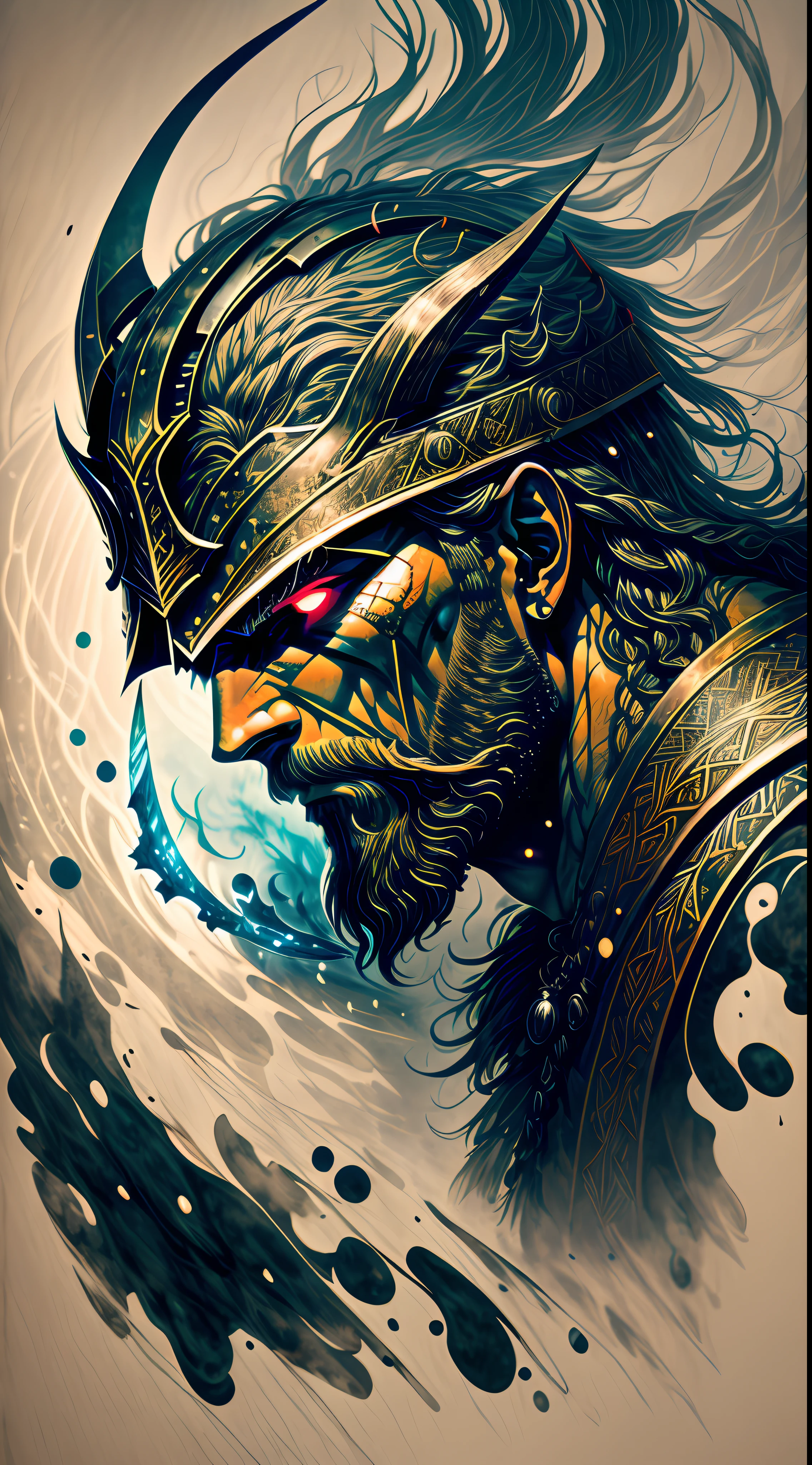 An intense close-up of a Viking warrior with piercing, glowing eyes, surrounded by an inky darkness. His horned helmet gives him an imposing silhouette, while his wild, flowing beard adds a touch of ruggedness. The warrior's face bears an expression of deep anger, a testament to his ferocity in battle. The backdrop is filled with swirling tendrils of inky blackness, reminiscent of ancient mythological forces. The atmosphere is tense, hinting at the mythical powers that surround the warrior. The image combines high detail and an artistic touch, creating a captivating visual experience. Artwork, ink on parchment
