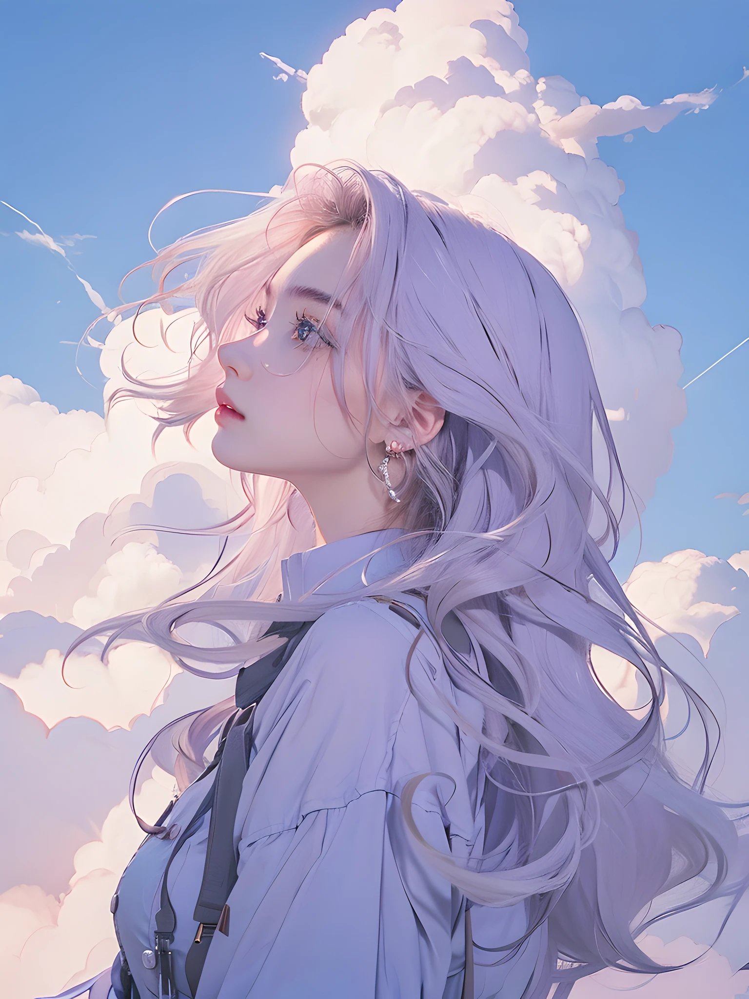 (photorealistic:1.4), best quality, masterpiece, ultra high res, 1girl, (detailed face:1.2), (detailed eyes:1.2), (detailed hair:1.2), (detailed clothes:1.2), 4k, (detailed color:1.2), sky, cloud, earring, 
facing right,