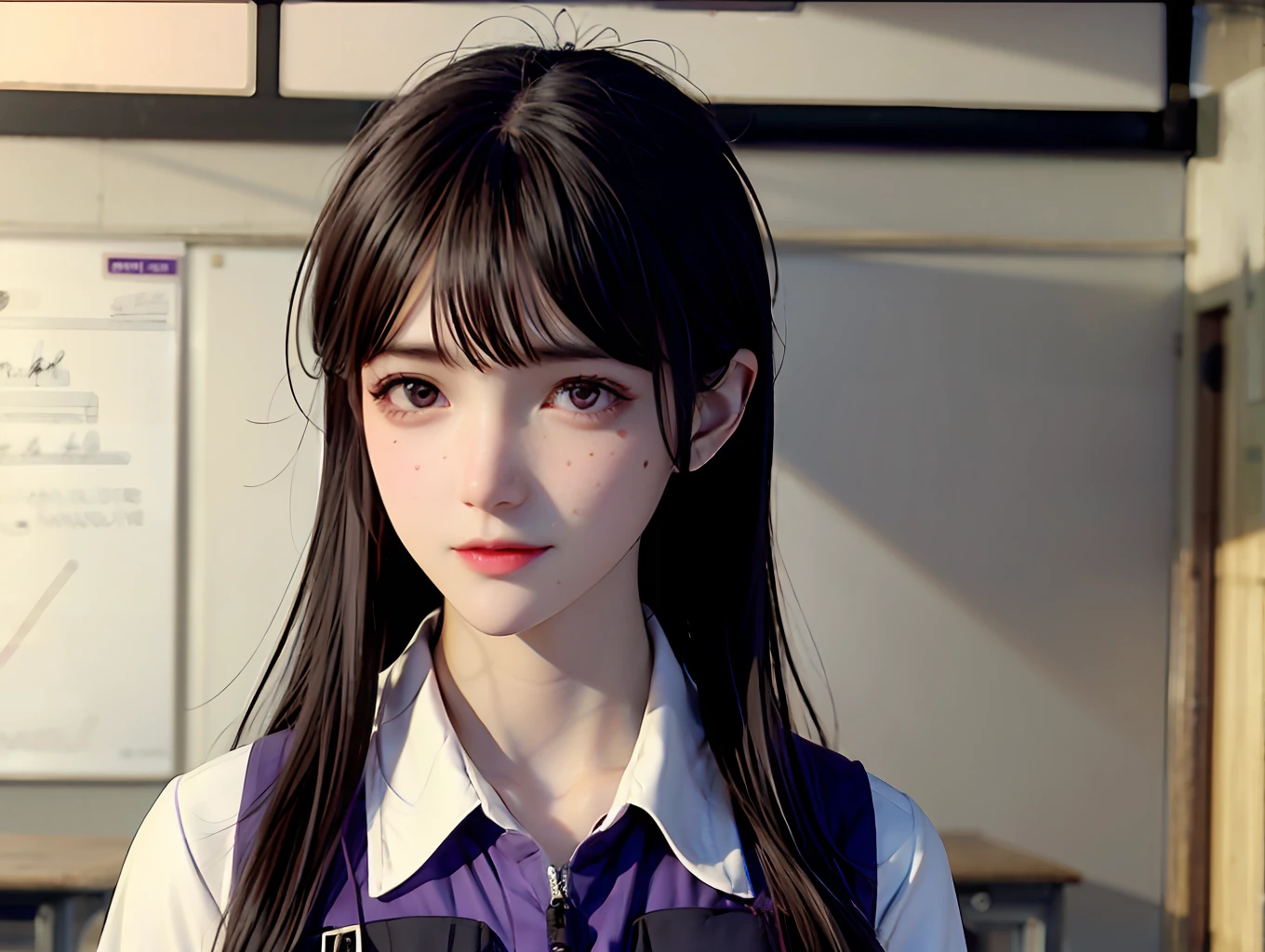 Girl with a pretty face,purple color hair,Charming eyes,Two freckles on the face,School style,8K,School classroom scene,Nervous expression,Side Body,