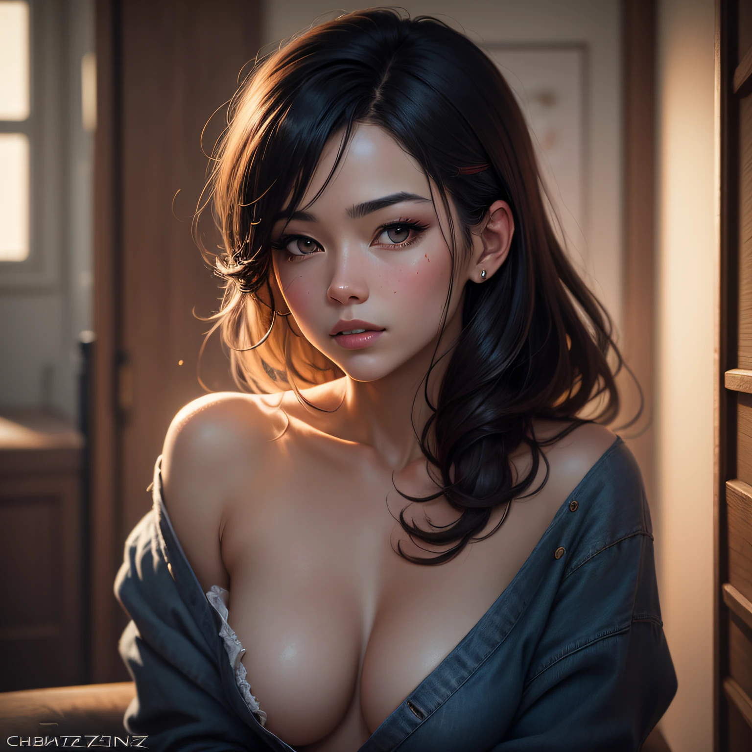 oil painting, Squealing Sakura Han Dynasty Artista Feminina, Cabelo claro estilizado como franja de cortina, tempestade, Desavergonhado, pontilhismo, F/1.8, Incolor, electric indigo and leopard print dust particles, quantum wavetracing, (arte por Krenz Cushart:1.3) , (arte por Osamu Tezuka:1.0) , , , ,  grandes, Art Deco, Realismo, oild painting, Rosto Ocidental , 16k, face ocidental, messy hair, seminua --auto