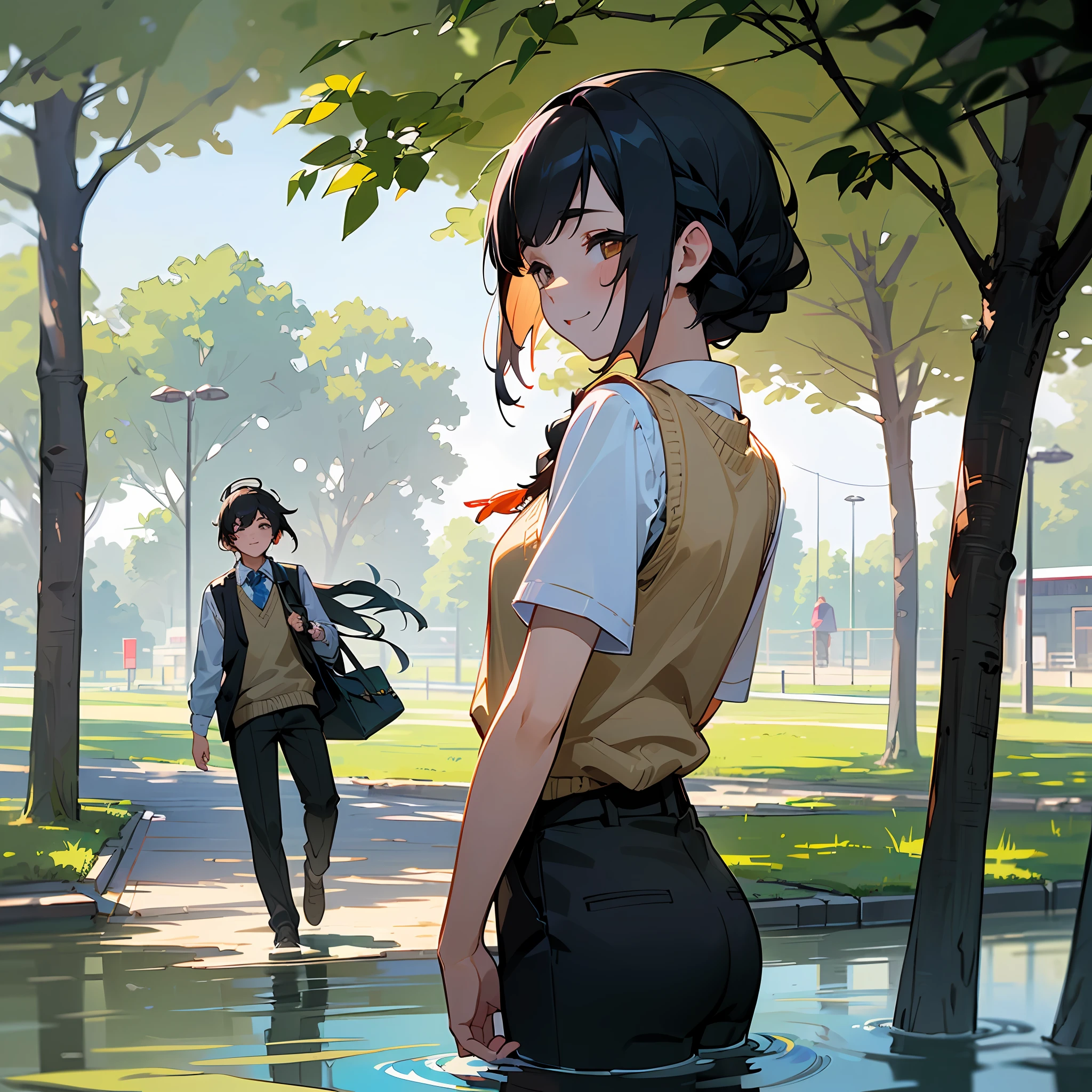 ((the best quality、8K、A masterpice:1.3))、only girl、Whole human body、Braids on the back of the head、black hair、smile on face、Beige knitted vest、Light water shirt、Black pants、High school student、a park、appointment、Sunnyday