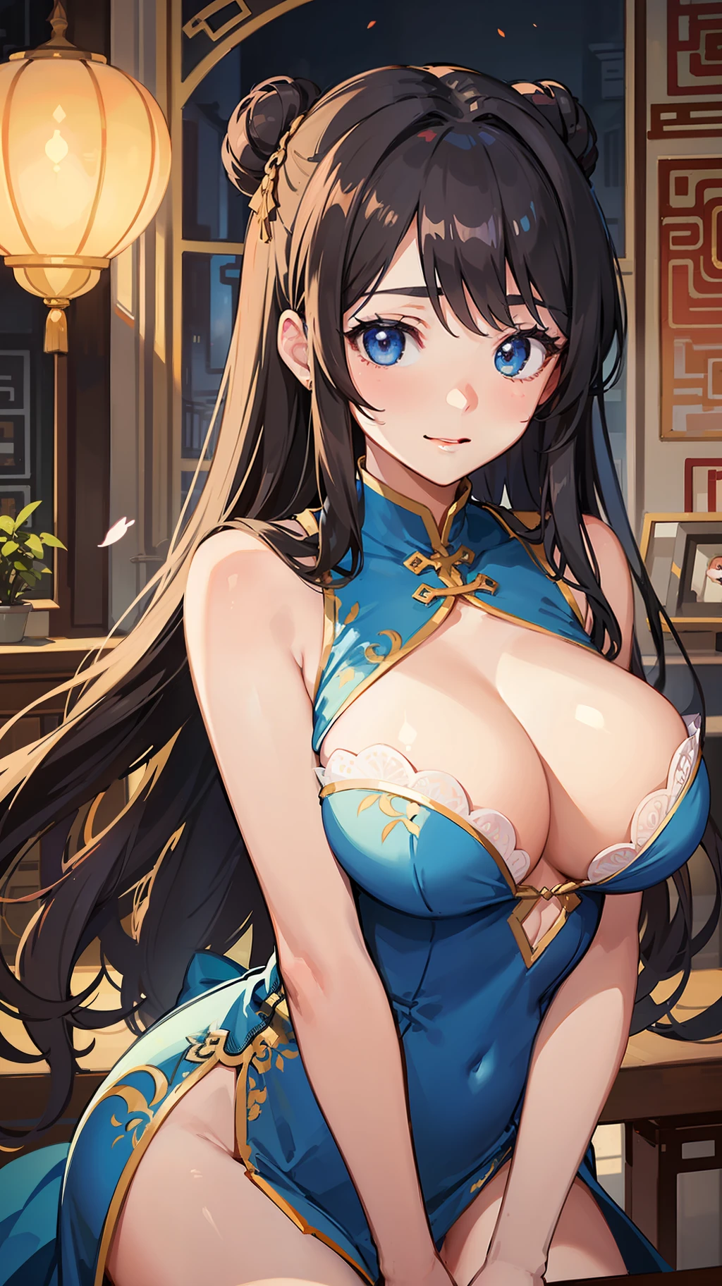 one woman,chinese dress,posing,boobs,large breasts,short of a person,cute face,drooping eyes,thin eyebrows,big eyes,smiling,flushed cheeks,long hair,straight hair,from front,indoor,castle,illustration style,anime style,masterpiece, extremely fine and beautiful,illustration