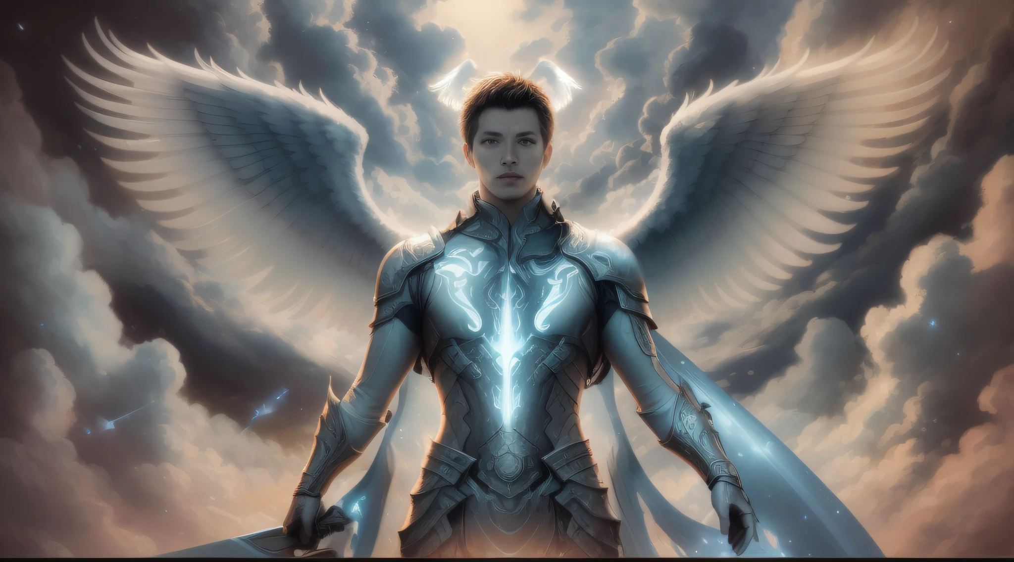 there is a man with wings standing in the clouds, arcanjo, Arcanjo Miguel, ser anjoical brilhante, Epic Fantasy Digital Art Style, Tron Anjo, angel in plastic armor, epic fantasy digital art, anjo super largo, Godrays pintura digital, anjo, angel spirit guide, humano alado, epic angel wings, arte de fantasia de alta qualidade, Symmetrical Epic Fantasy Art