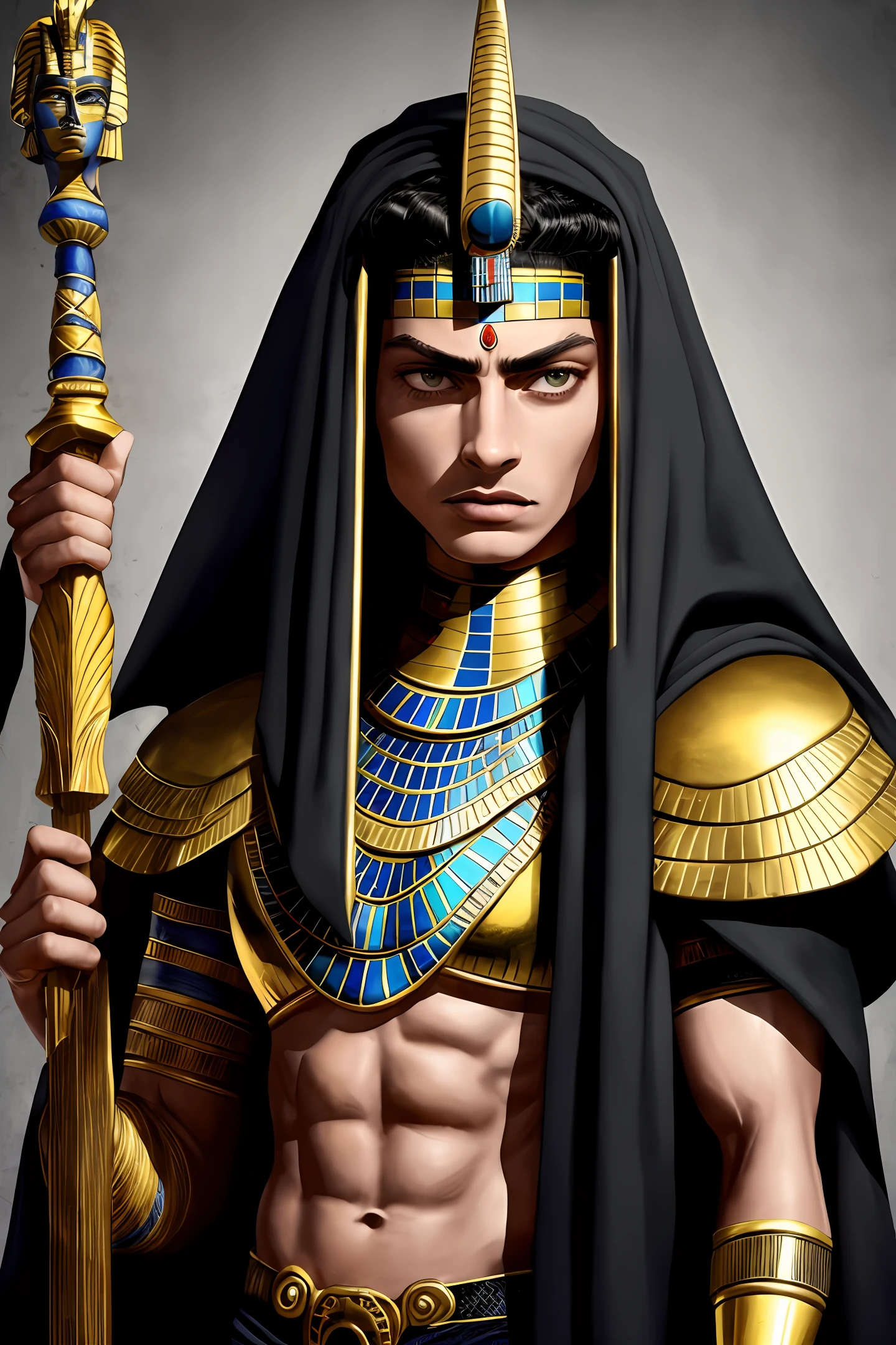 um lorde, careca, egyptian, capa preta, golden spear, olhos castanhos avermelhados, masculino, melancholic