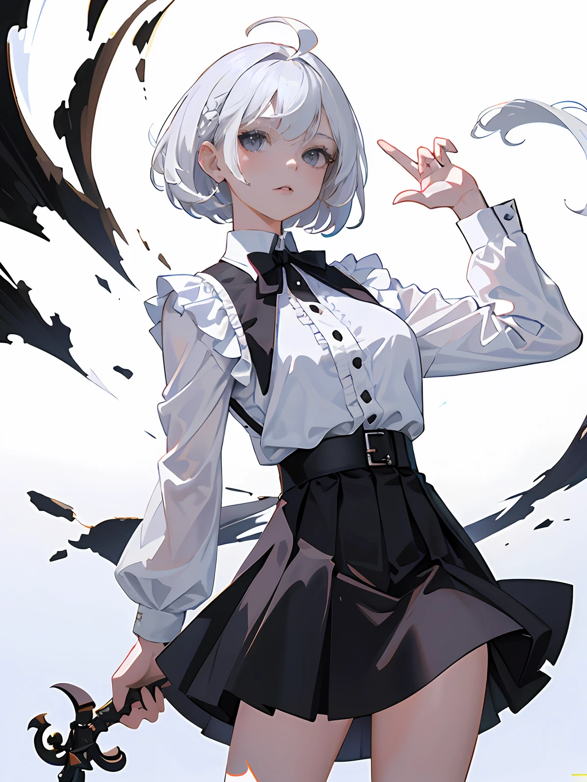 ((masterpiece, best quality)), (1girl), (solo), (female focus), (ahoge, white hair, short hair), black eyes, ((white shirt), (buttoned shirt)), ((Black skirt),(a short skirt)),to stand,white backdrop,Behind your arms,4K,optimal quality,1个Giant Breast Girl,aged 16,pastel gold hair,The hair was long, long and dragged to the ground,3/4 bangs,Black and white gold pattern skirt,turtle girl,Plain white background