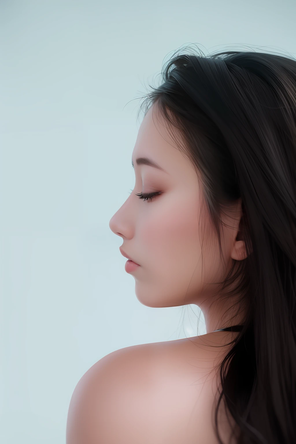 there is a woman with long black hair and a white shirt, taken with canon eos 5 d, side profile portrait, side profile cenetered portrait, close - up profile face, taken with a canon eos 5 d, taken with a canon eos 5d, left profile, taken with canon eos 5 d mark iv, soft eyes and narrow chin, woman with porcelain skin --auto