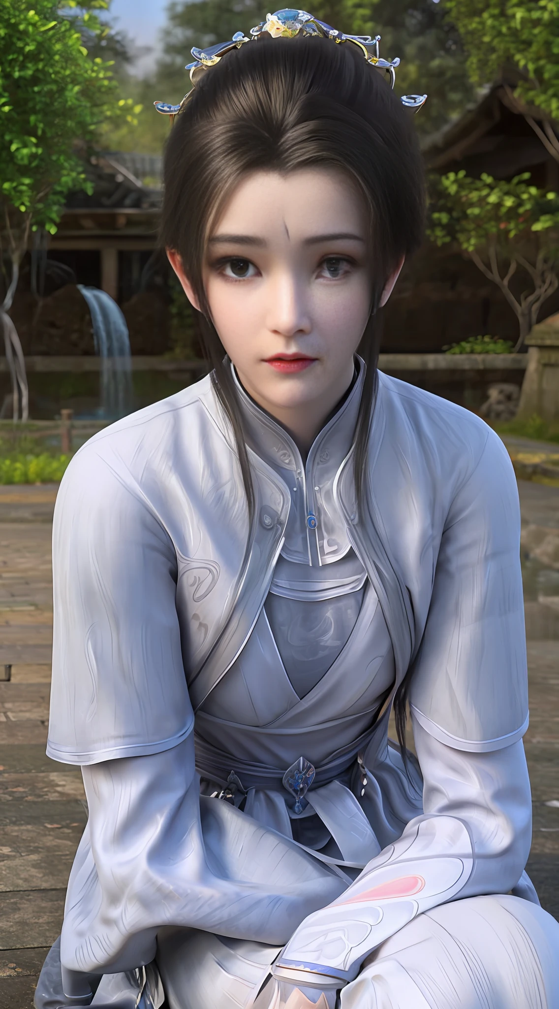 (巨作), High picture quality, faerie, Antique painting style, Sit on your knees, A white dress, Beautiful face, Garland embellishment, Gentle mist,Tranquil water, Next to the ancient well, Light makeup, warmtones, Engraved details, exquisite texture.