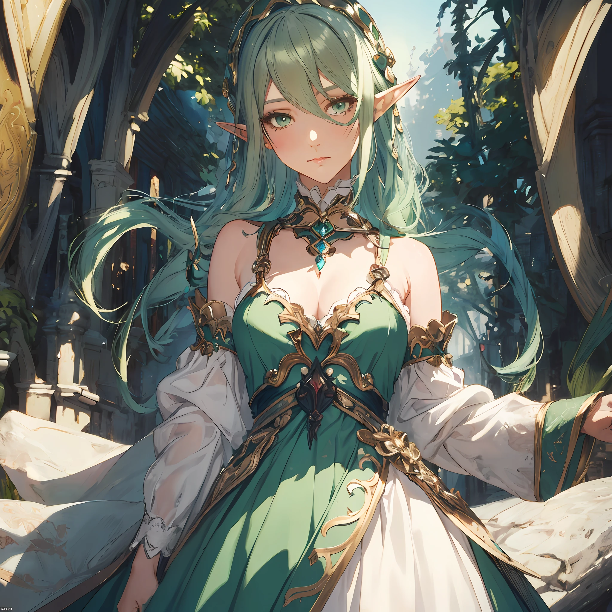 masterpiece, best quality, 1woman, adult, female focus, solo, two tone hair, unique blonde aqua hair, vibrant green eyes, looking at viewer, closed mouth, upper body, Fantasy aesthetics, Highly detailed, shadowverse style, elf dress