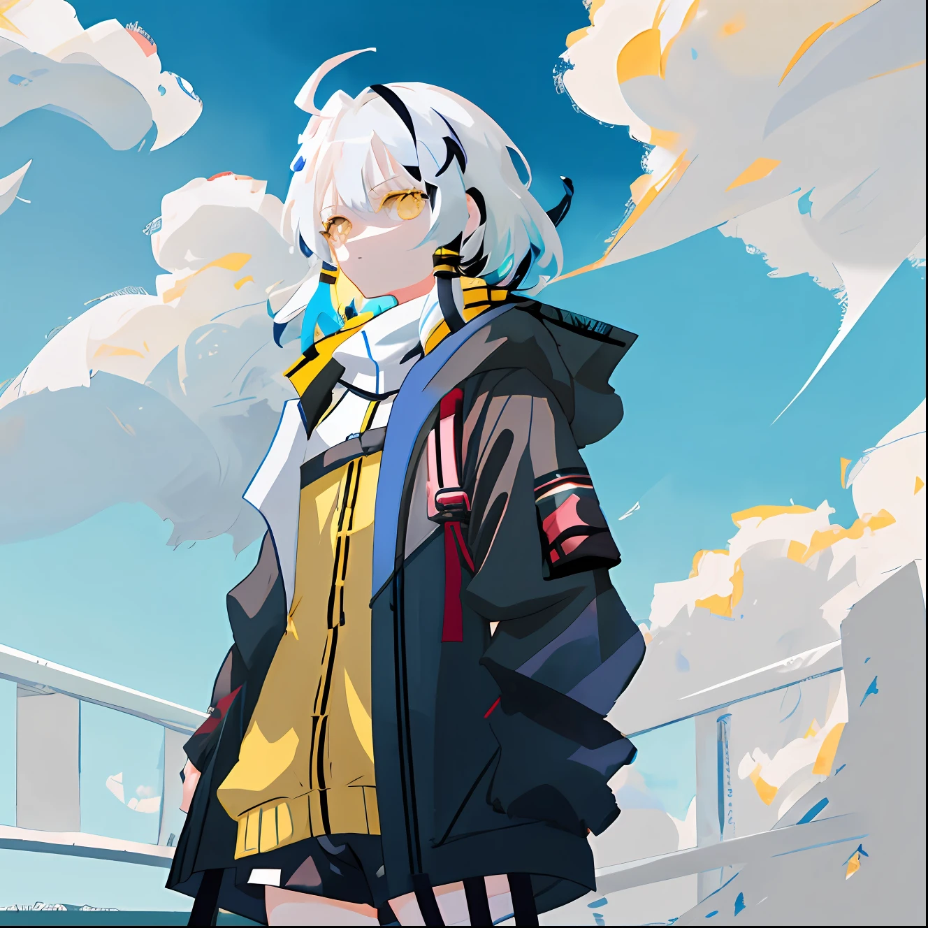 anime character with white hair and yellow eyes standing in front of a blue sky, white haired, anime style character, anime character, close up character, girl with white hair, trigger anime artstyle, white-haired, character close up, from arknights, from girls frontline, made with anime painter studio, stylized anime, main character, live2d virtual youtuber model