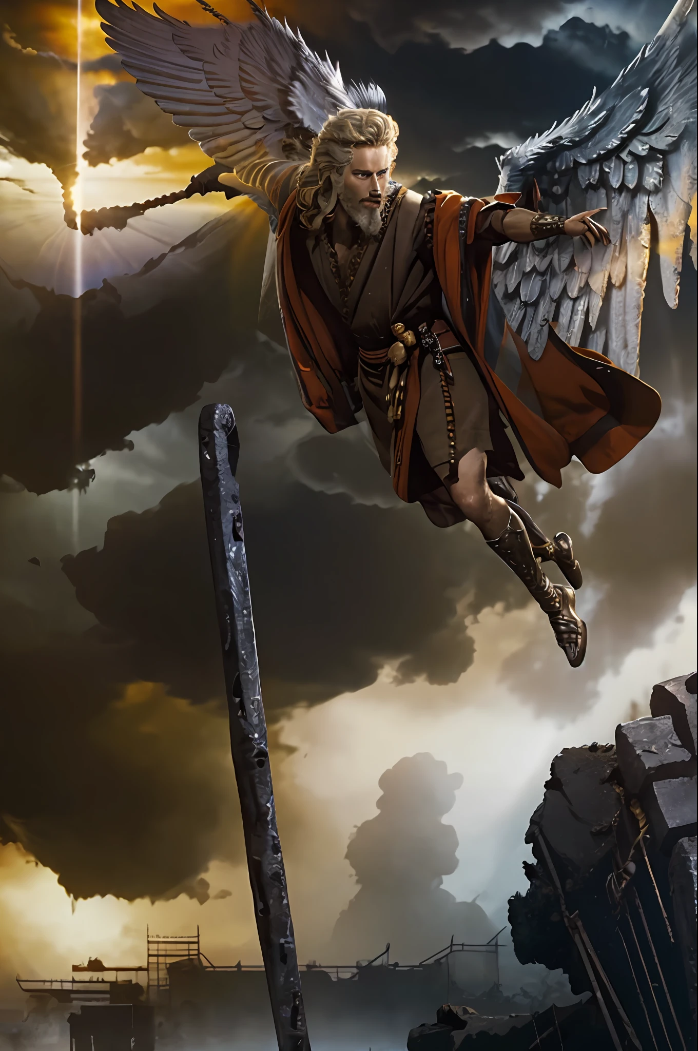 volumetric cinematic lighting, (highly detailed:1.4), smooth, sharp focus, full body 8k unity render, action shot, realistic reflections, cinematic composition, celestine, detailed armor, detailed face, golden armor, weapon details, iron halo, angel,
intricate ornamented, full armor, loin cloth, holding sword, ((angel wings:1.4)),
blonde hair, long hair, pretty face,  skin pores, rugged, metallic armor, serene looking, dynamic posture, flying above ruined buildings, flowers
ruined cathedral, war, urban landscape background, particles floating, clear sky, bright cinematic lighting, soft shadows,