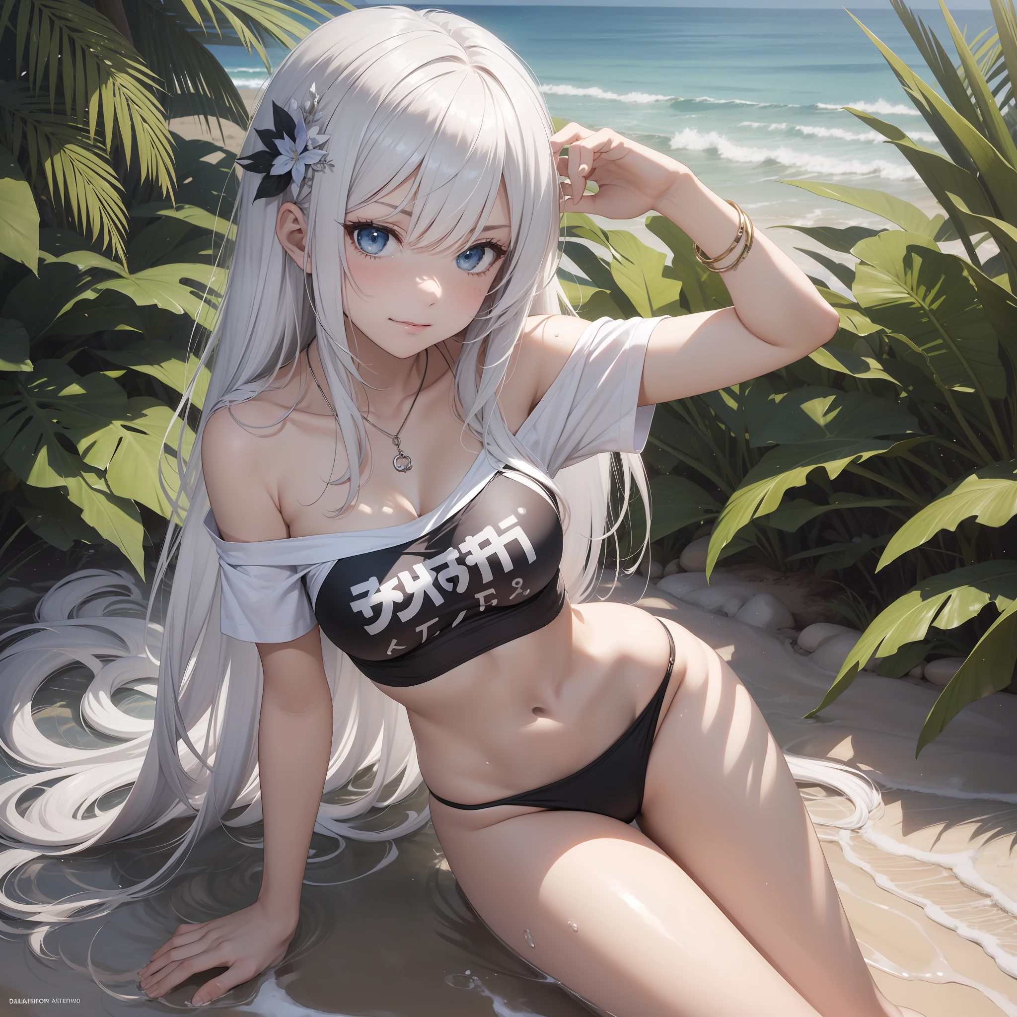 1girl, solo focus, type moon style, Kyoto animation style, very long hair, blunt bangs, hair between eyes, sidelocks, white hair, shiny hair, beautiful detailed cold face, seductive smile, angry, complex details beautiful and delicate eyes, bare_shoulders, small_breasts, gray eyes, white skin, hair ornament, (((T-shirt))), swim ring, swimsuit, beautiful bare back, sandals, skindentation, collarbones, bare_legs, beach, beautiful detailed sky, White sand, tree, very precise detailed, absurdres, extremely detailed, 16k wallpaper,