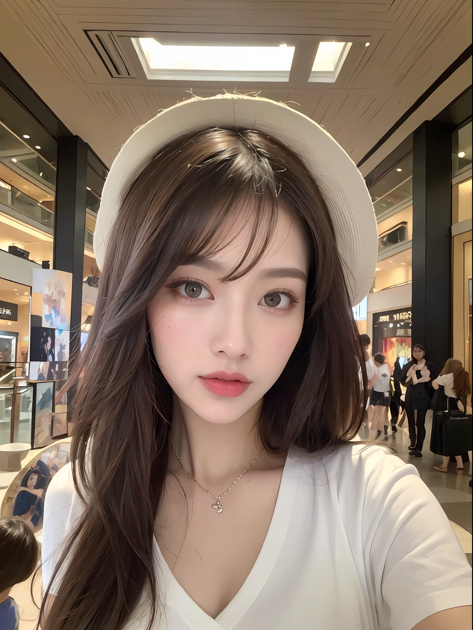 ((, need, 8K, masterpaintings:1.3)), 1female,Selfies,Lunette de soleil, Focalors:1.2, perfect figure beautiful woman:1.4,((Dark brown hair:1.2 )), (white short sleeve,to stand:1.2), ((Big mall:1.3)), Highly detailed facial and skin texture, detailed eye, 双眼皮