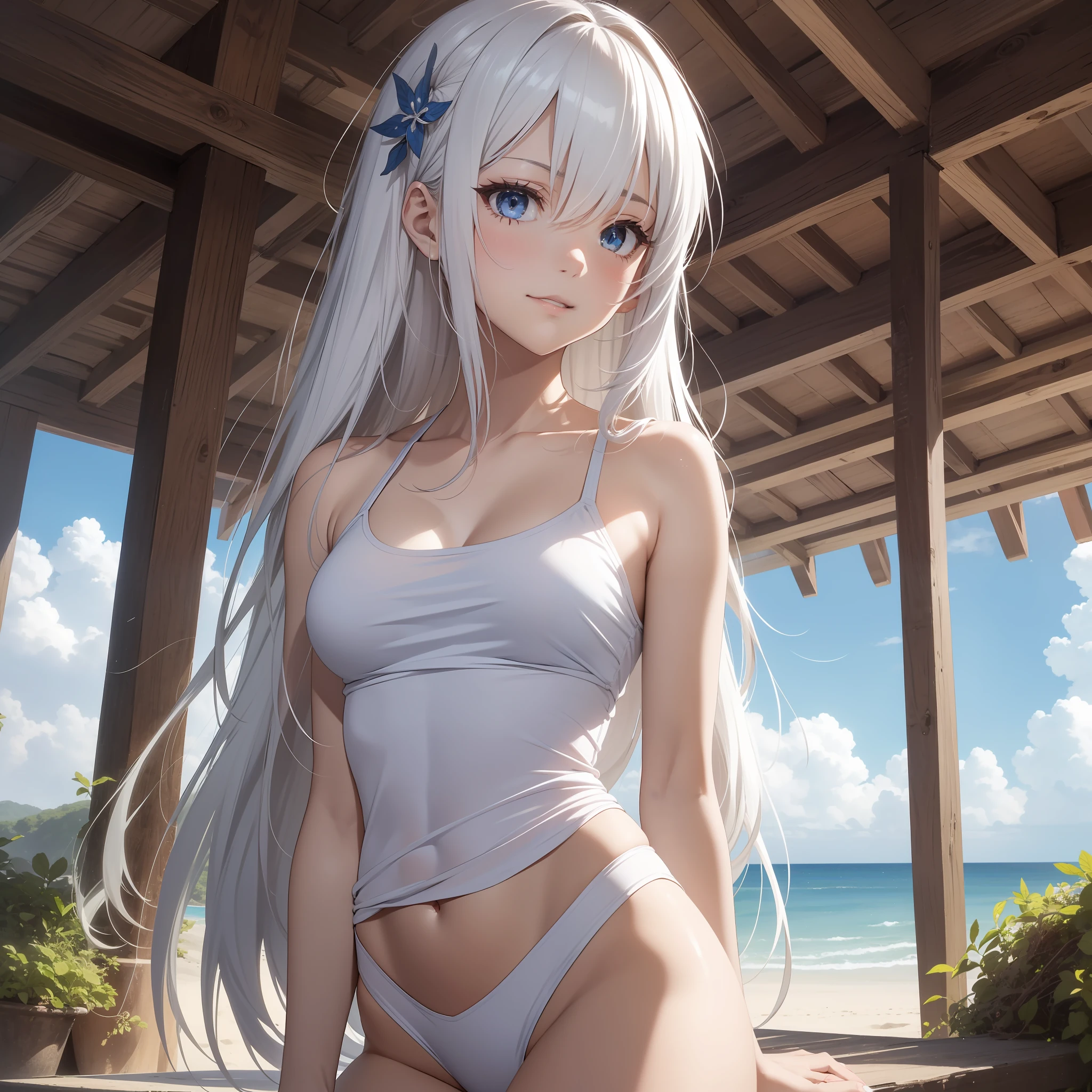 1girl, solo focus, type moon style, Kyoto animation style, very long hair, blunt bangs, hair between eyes, sidelocks, white hair, shiny hair, beautiful detailed cold face, seductive smile, angry, complex details beautiful and delicate eyes, bare_shoulders, small_breasts, gray eyes, white skin, hair ornament, (((T-shirt))), swim ring, swimsuit, beautiful bare back, sandals, skindentation, collarbones, bare_legs, beach, beautiful detailed sky, White sand, tree, very precise detailed, absurdres, extremely detailed, 16k wallpaper,