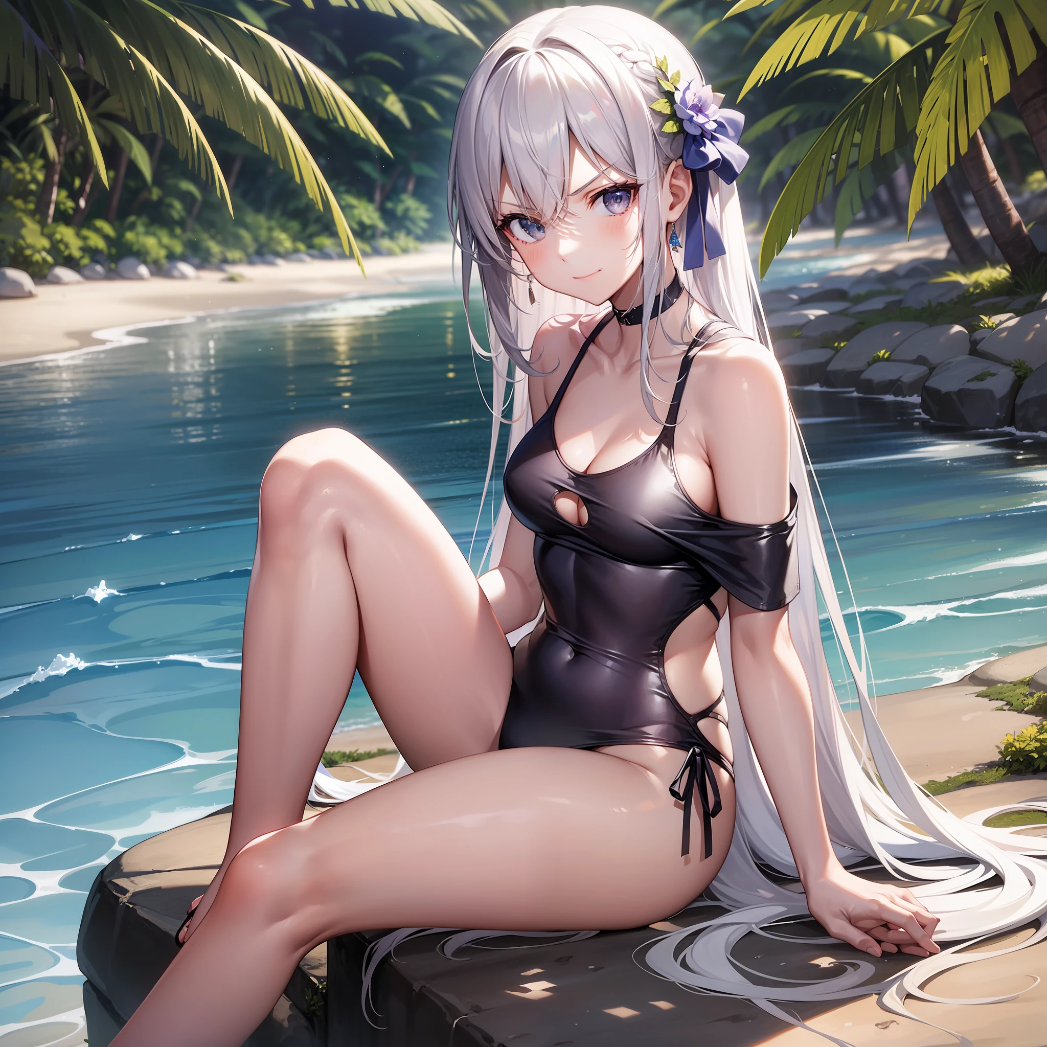 1girl, solo focus, type moon style, Kyoto animation style, very long hair, blunt bangs, hair between eyes, sidelocks, white hair, shiny hair, beautiful detailed cold face, seductive smile, angry, complex details beautiful and delicate eyes, ????_shoulders, small_???????, gray eyes, white skin, hair ornament, (((T-shirt))), swim ring, swimsuit, beautiful ???? back, sandals, ?????????????, collarbones, ????_legs, beach, beautiful detailed sky, White sand, tree, very precise detailed, absurdres, extremely detailed, 16k wallpaper,